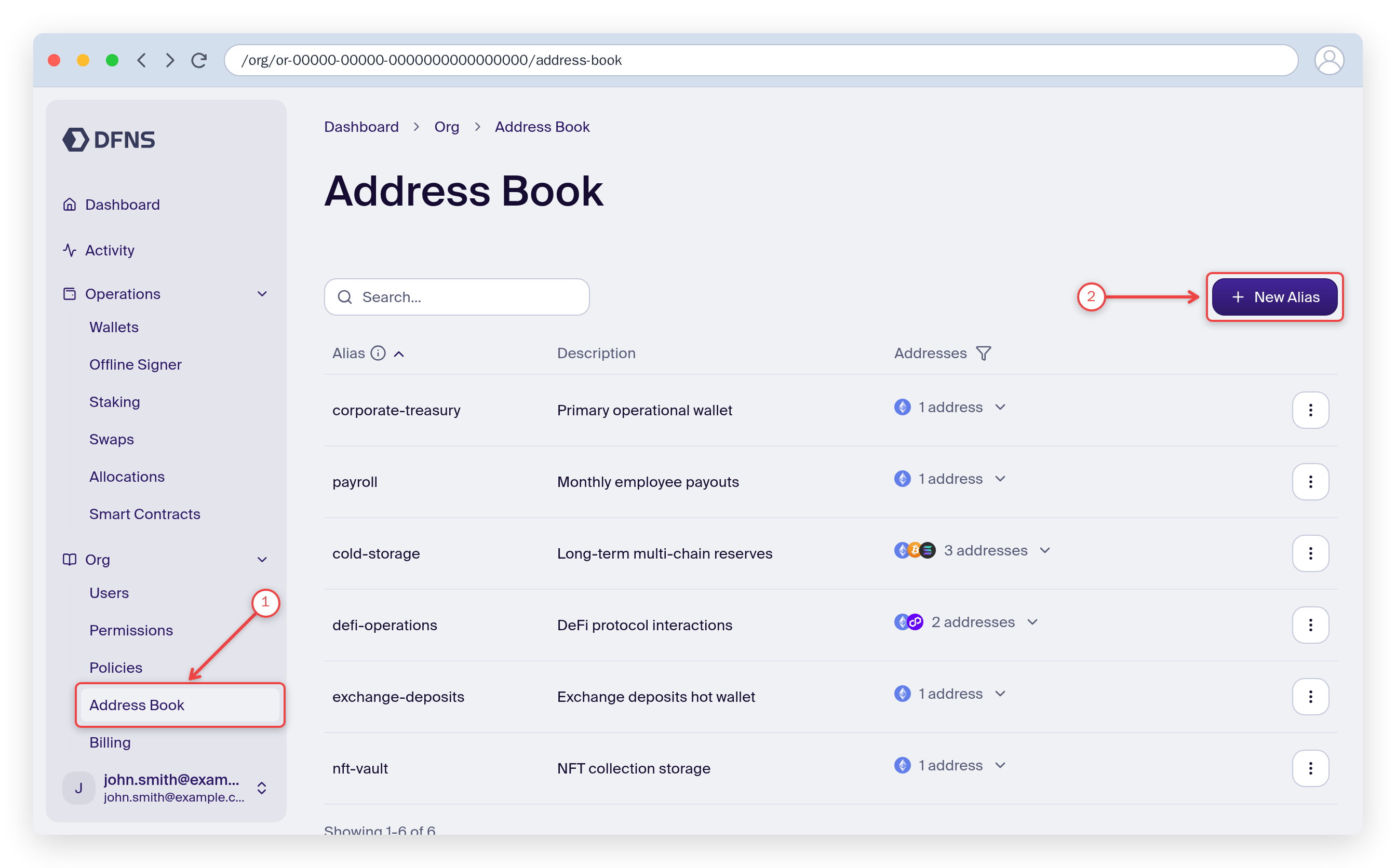 Address Book page with the sidebar entry and the Create Alias button highlighted