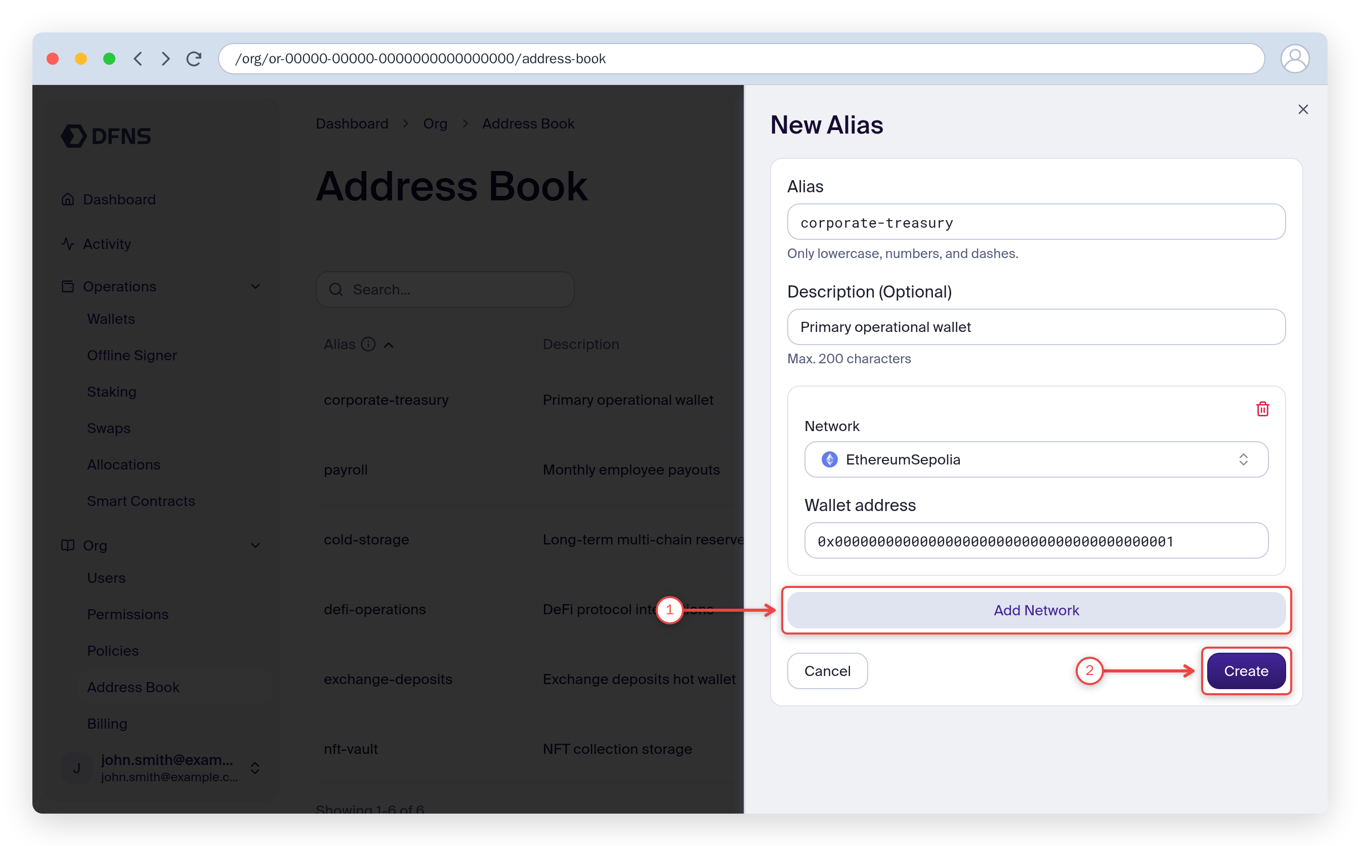 Create alias form with the Add network and Create buttons highlighted