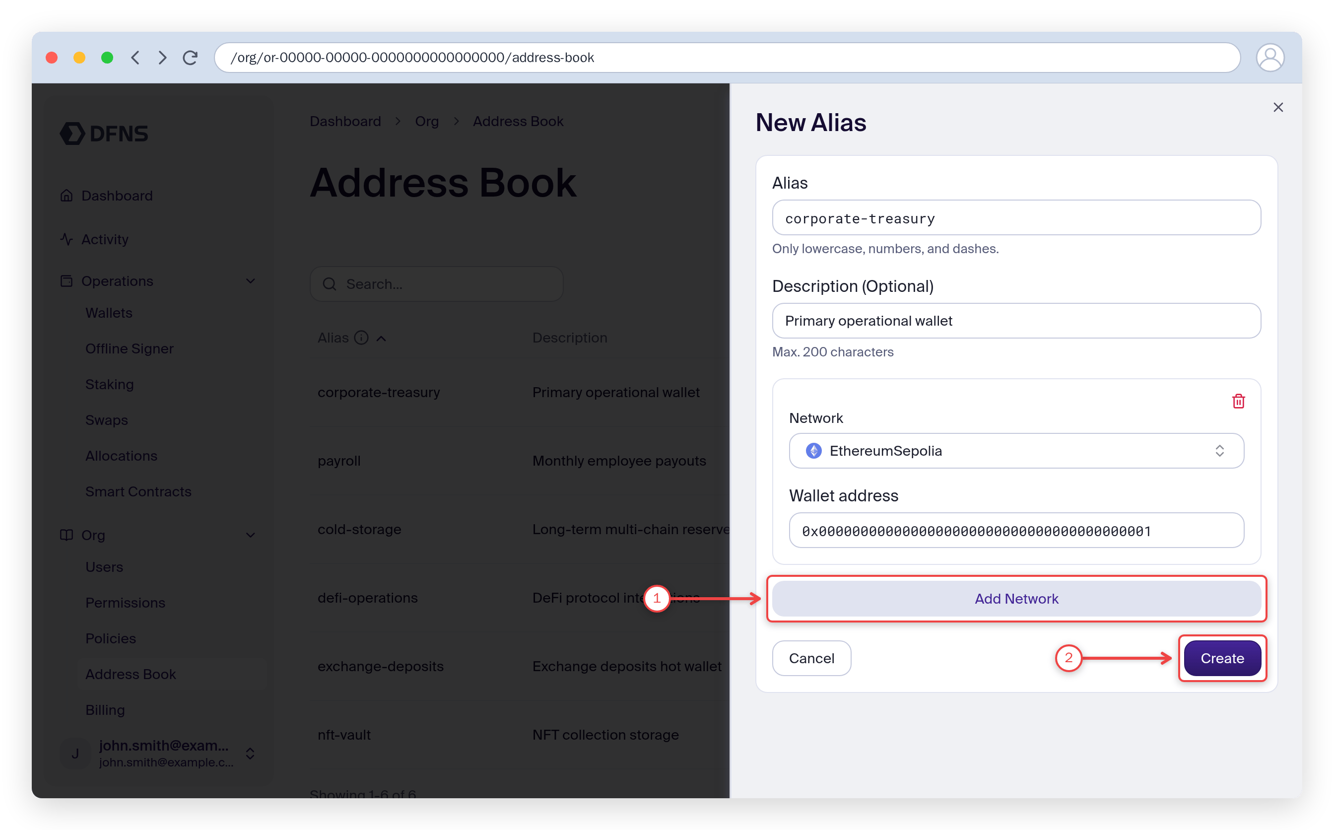 Create alias form with the Add network and Create buttons highlighted