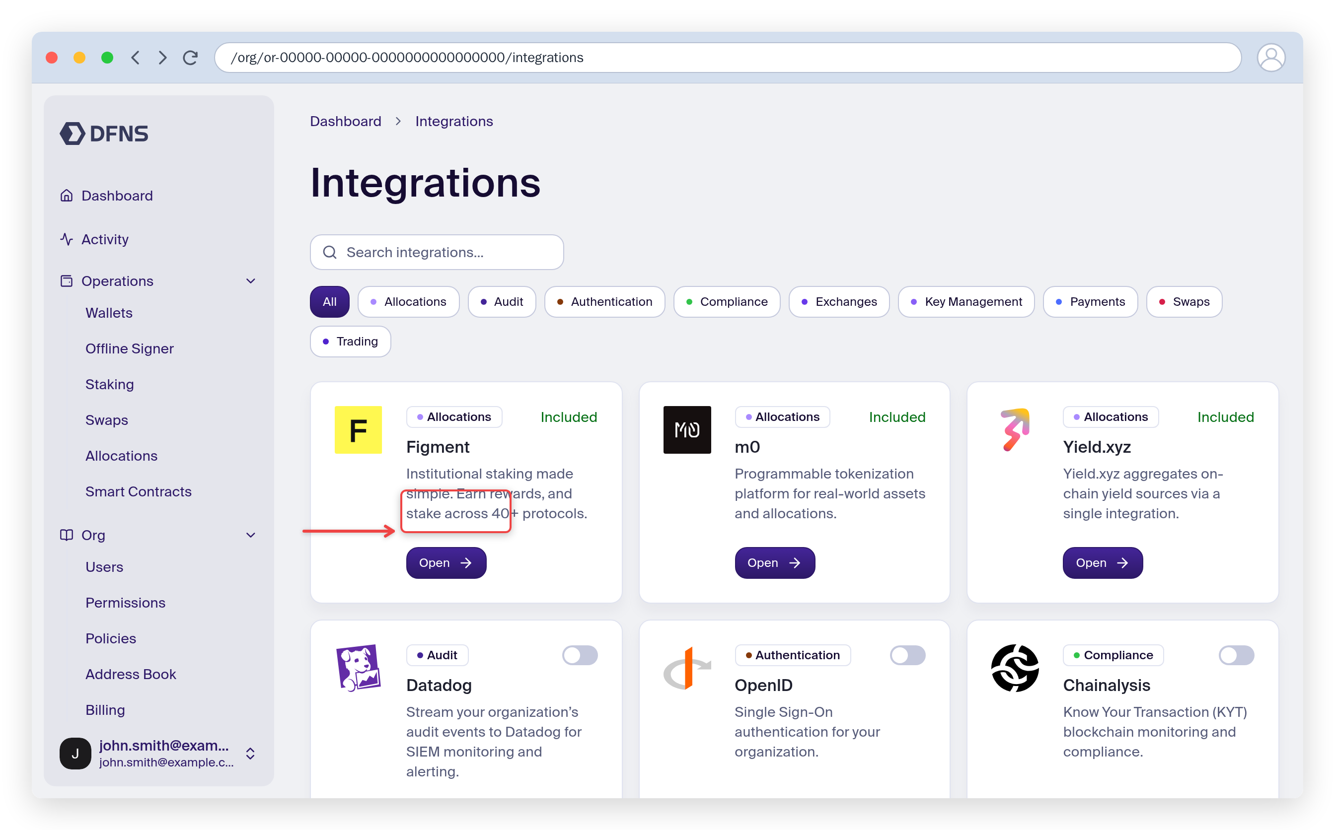 Integrations page with the Configure button on an exchange card highlighted