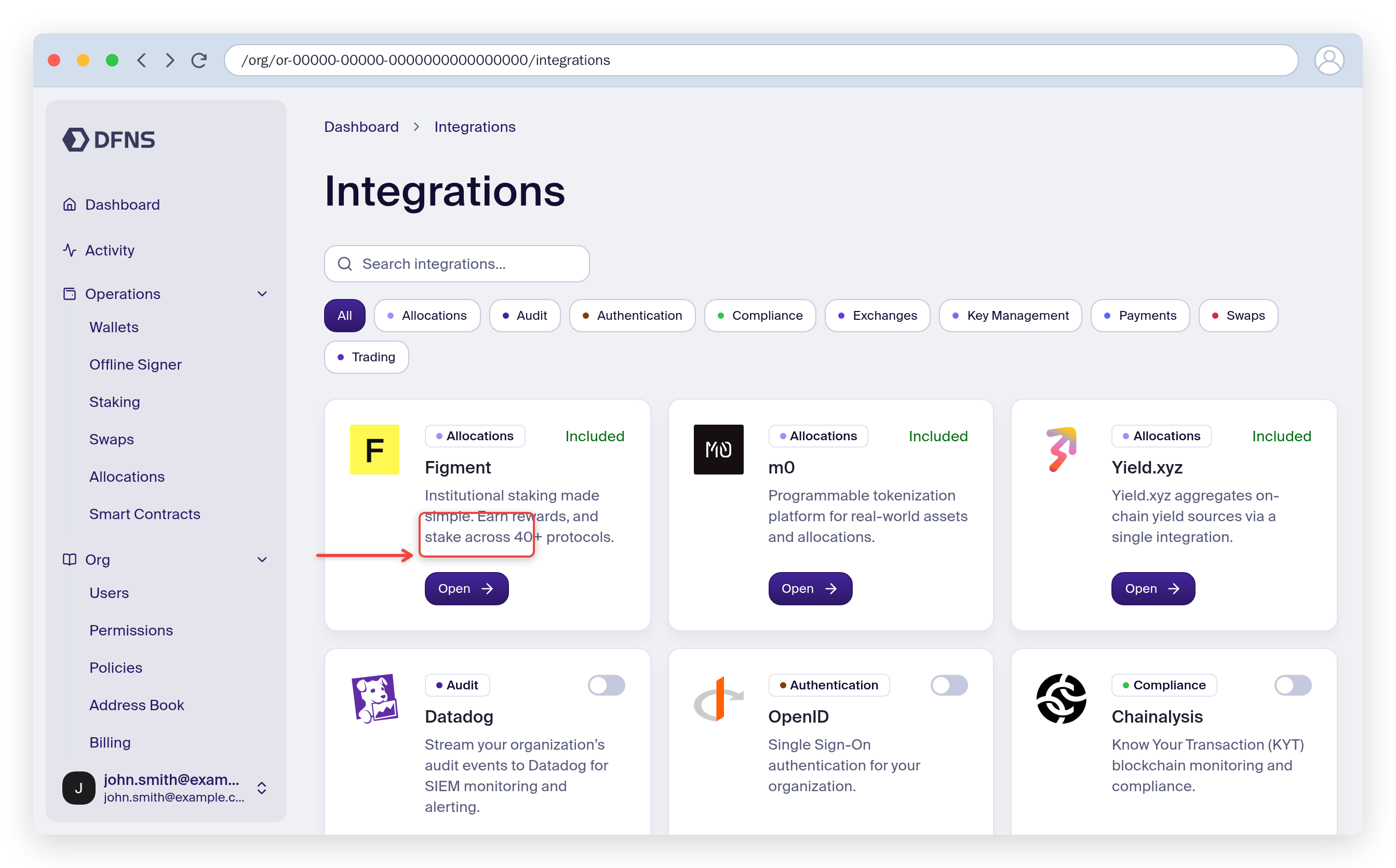 Integrations page with the Configure button on an exchange card highlighted