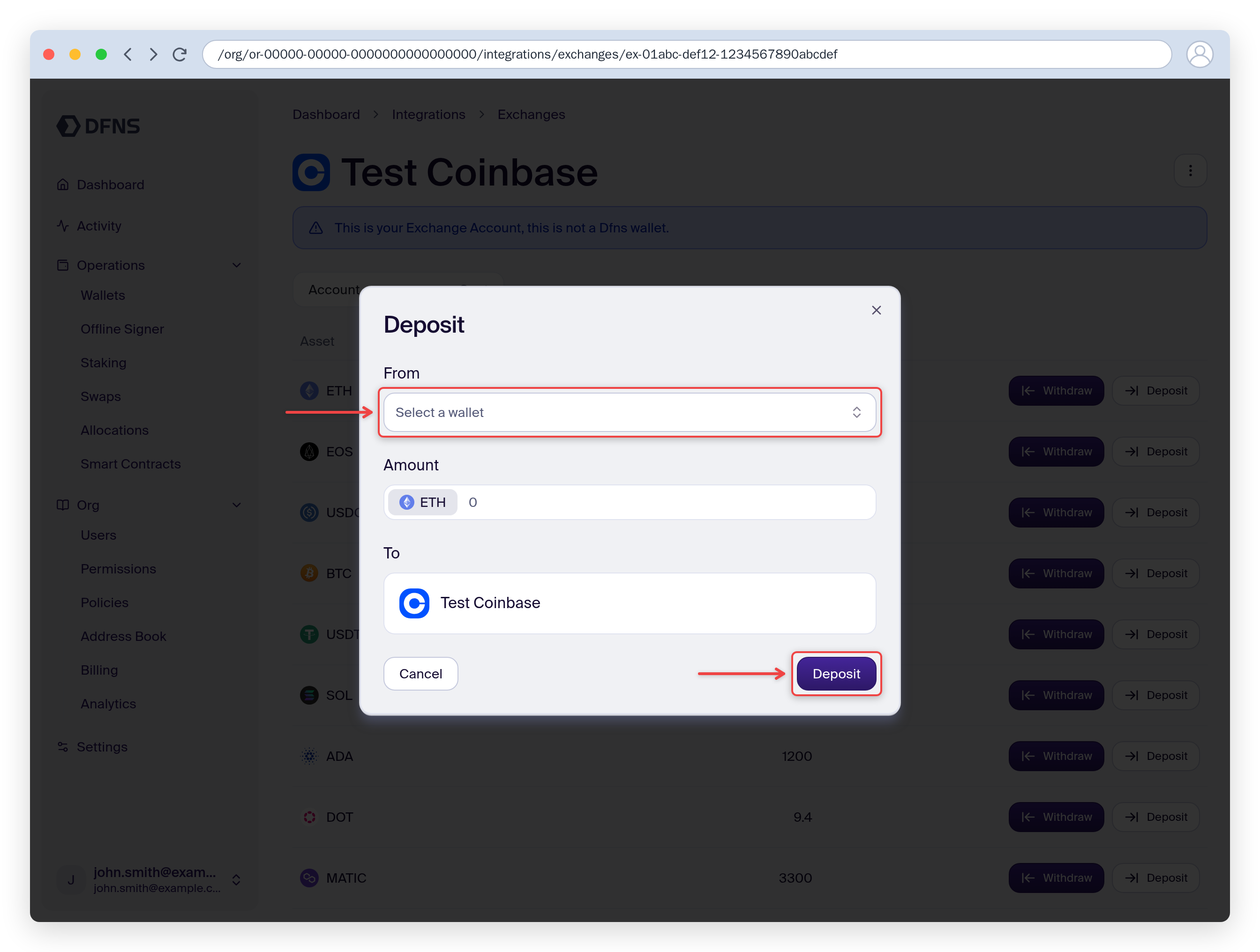 Deposit dialog selecting the source DFNS wallet and amount