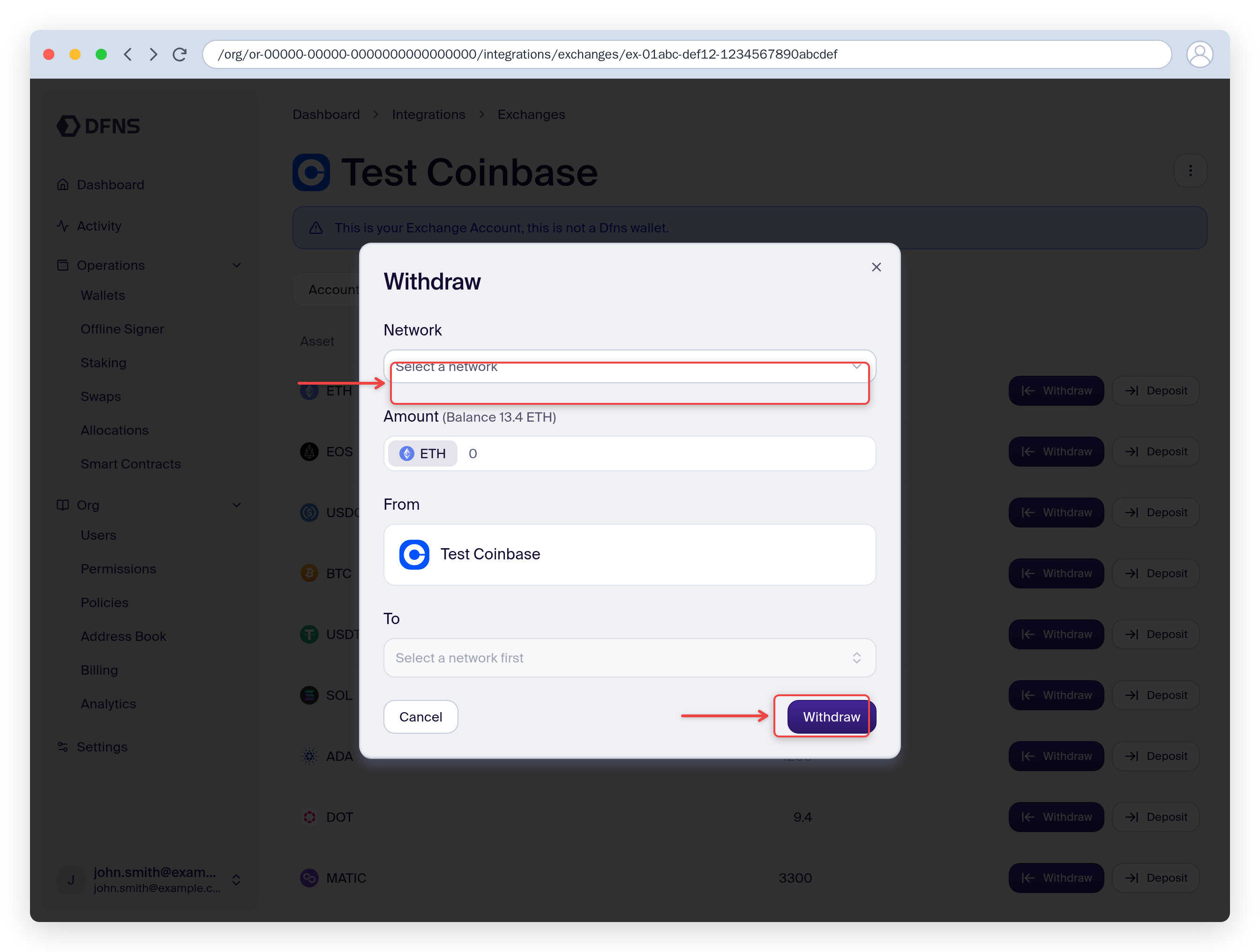 Withdraw dialog selecting the network and destination wallet