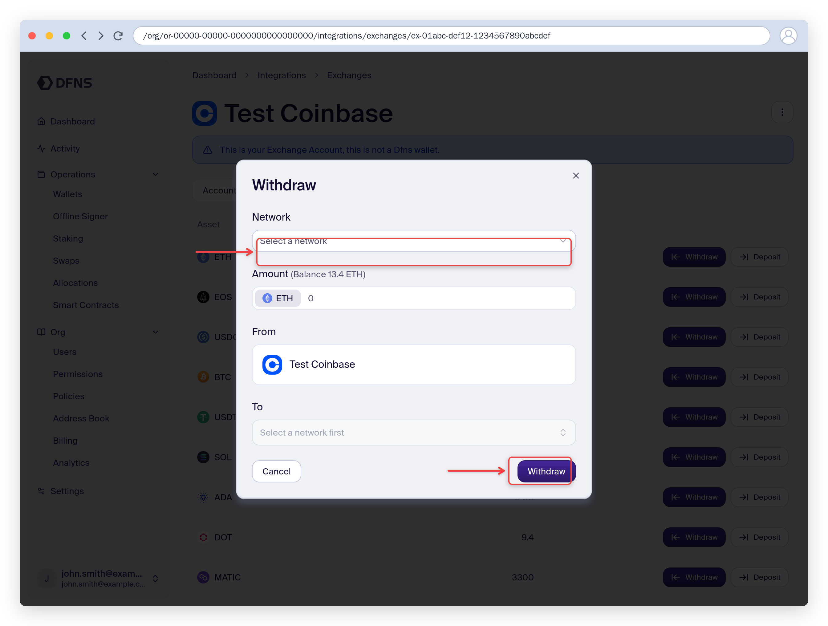 Withdraw dialog selecting the network and destination wallet