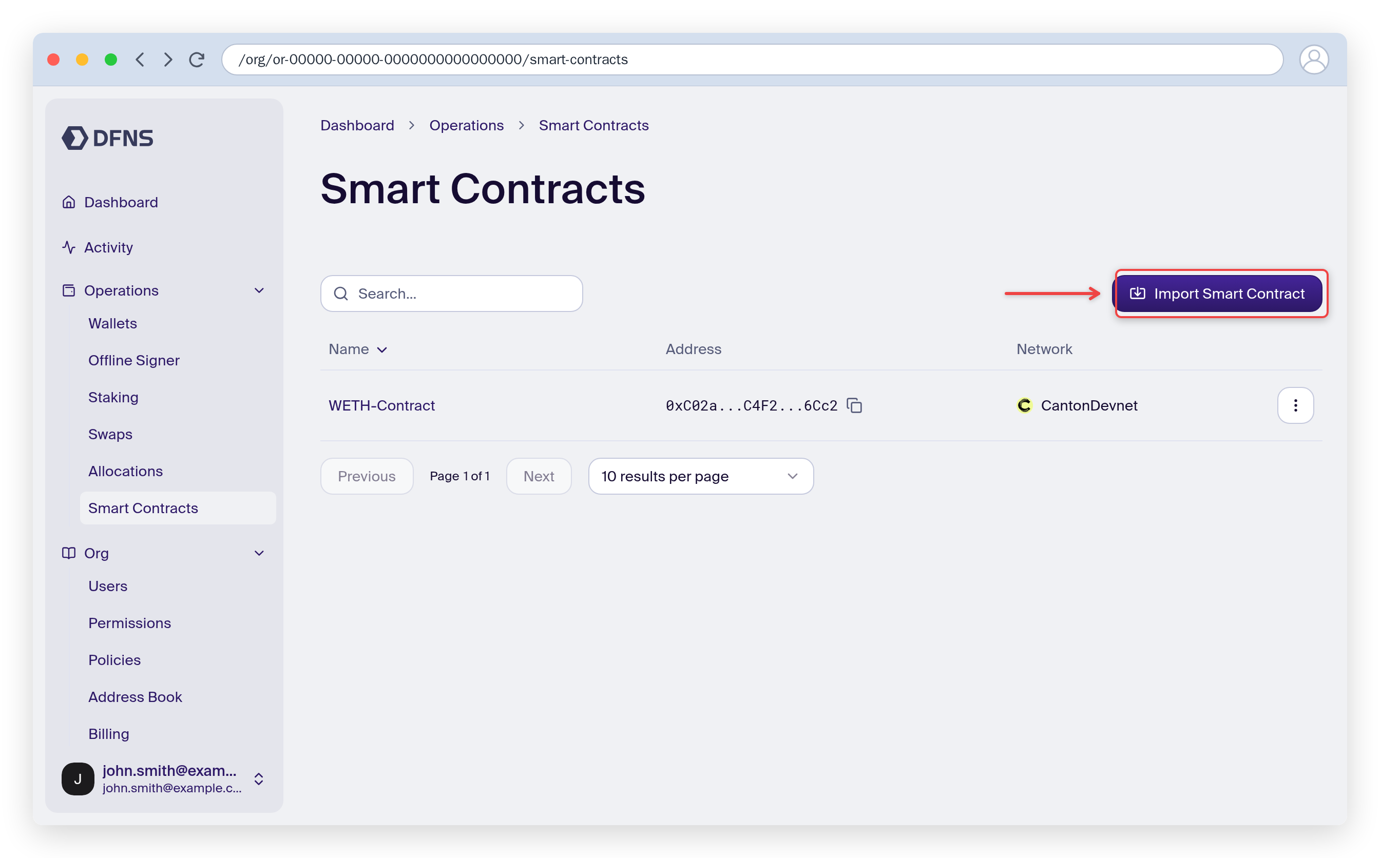 Smart Contracts page with the Import Smart Contract button highlighted
