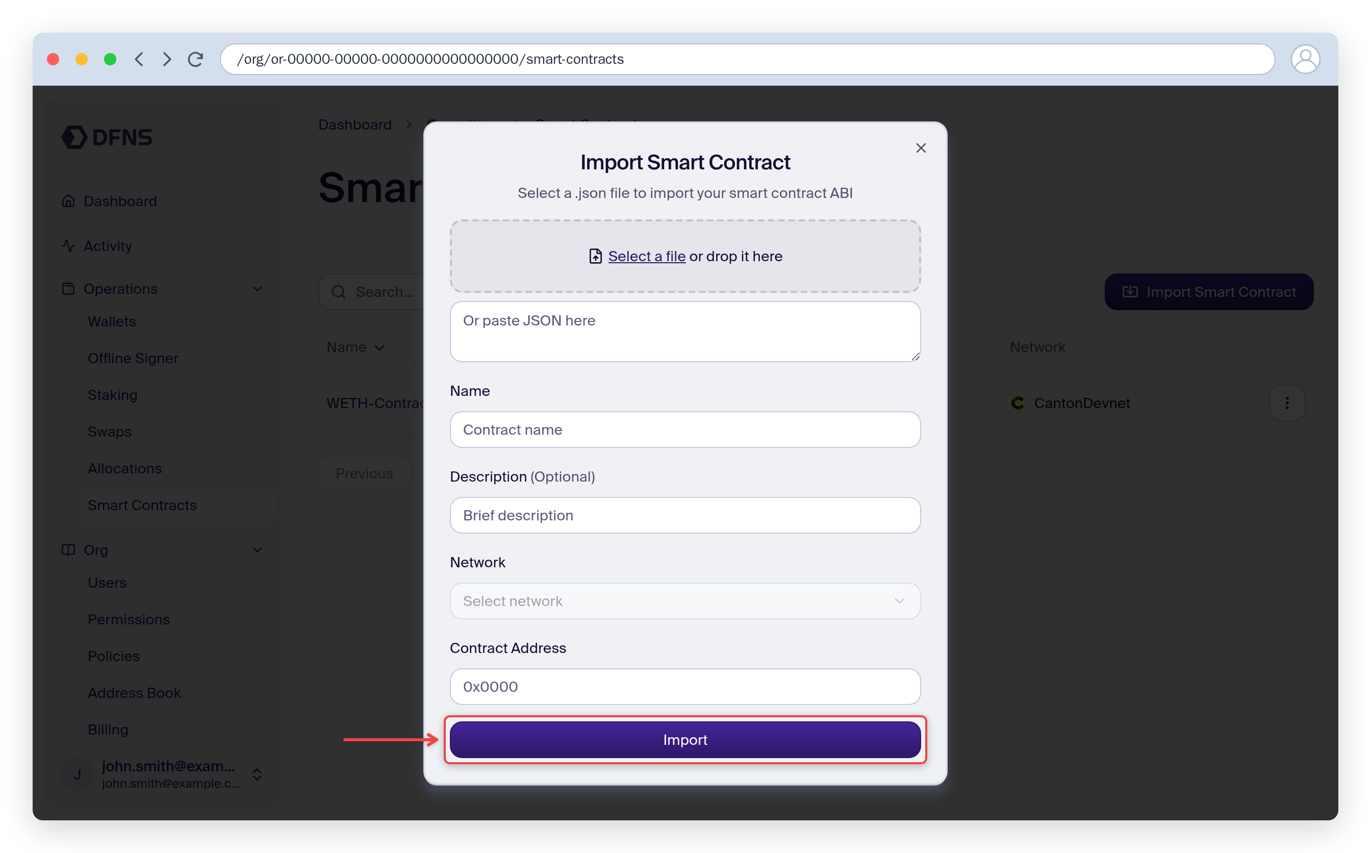 Import Smart Contract form with ABI, name, network and address fields