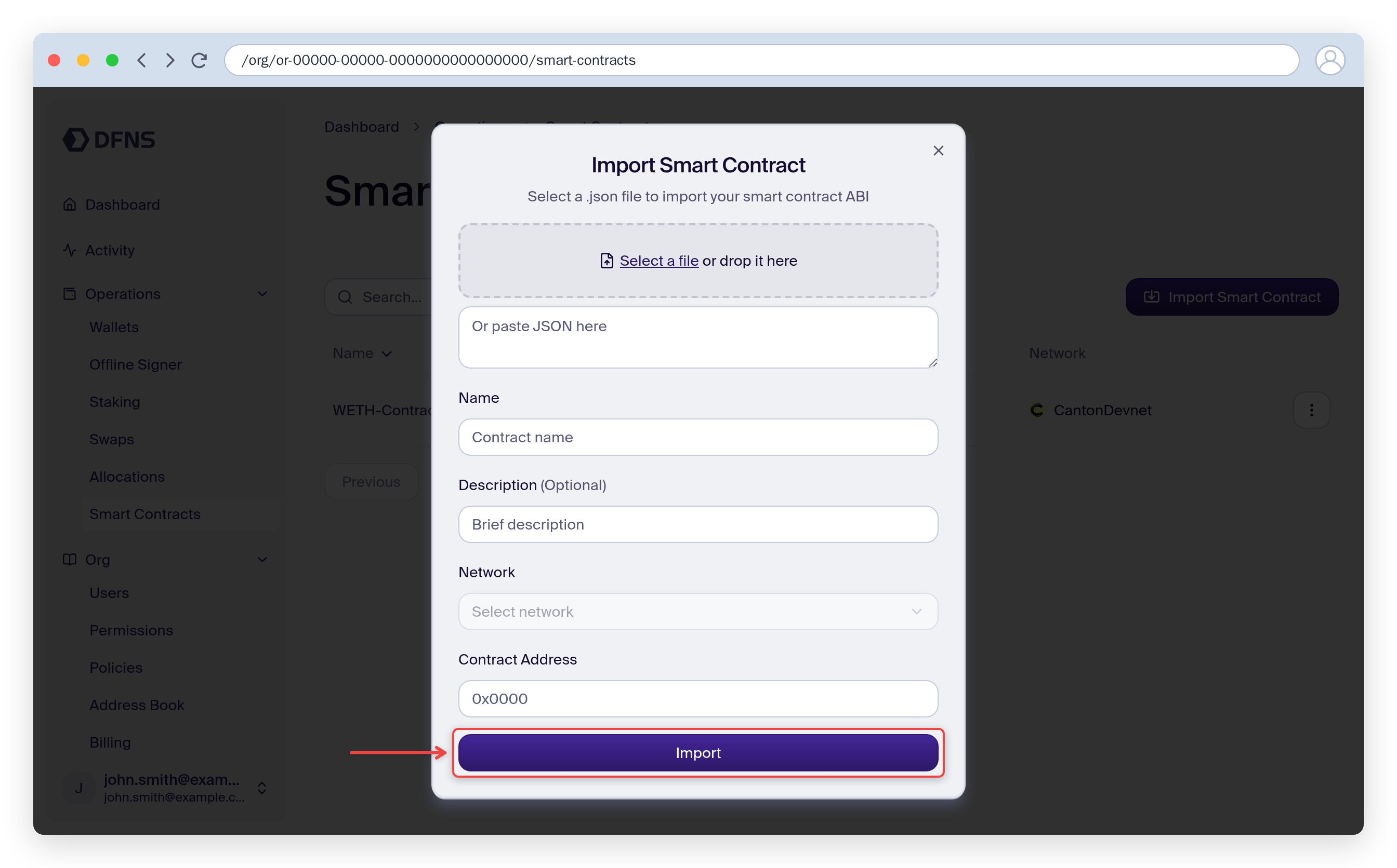 Import Smart Contract form with ABI, name, network and address fields