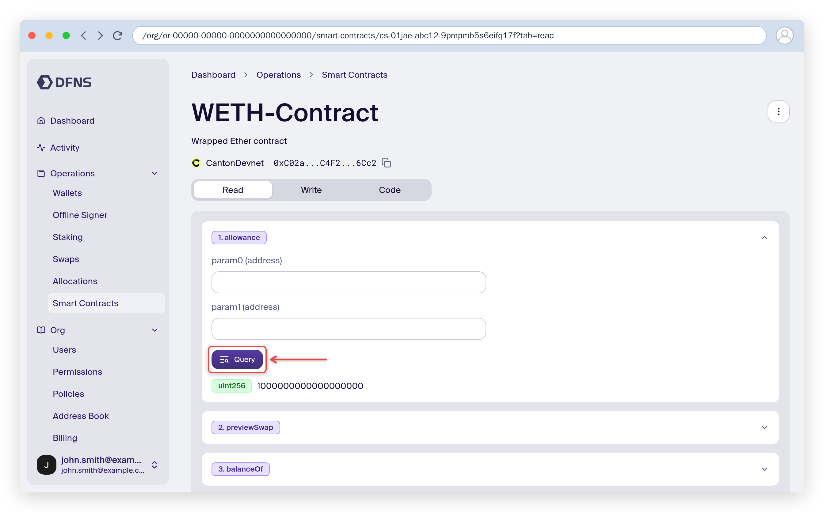 Read tab with a function expanded, the Query button and its returned result