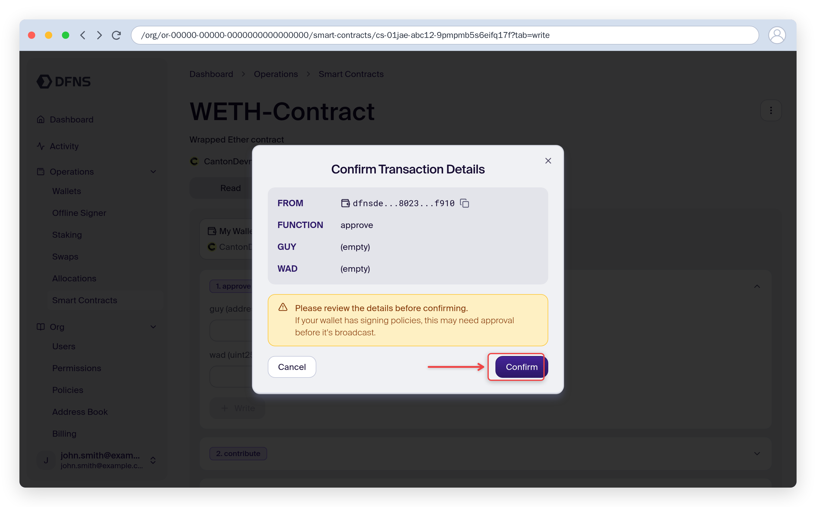Write tab transaction confirmation dialog with the Confirm button