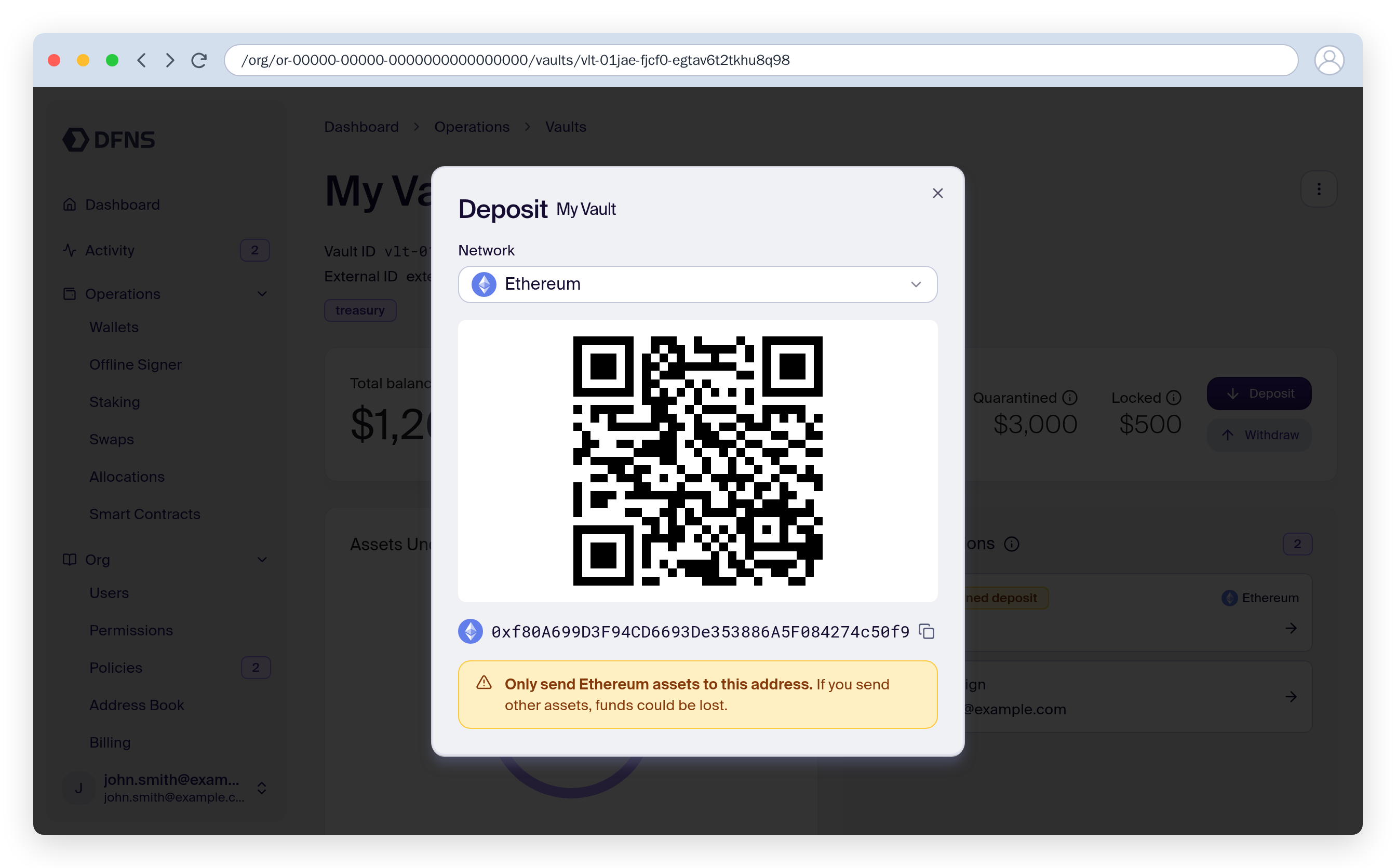 Vault deposit dialog showing the Ethereum address and its QR code