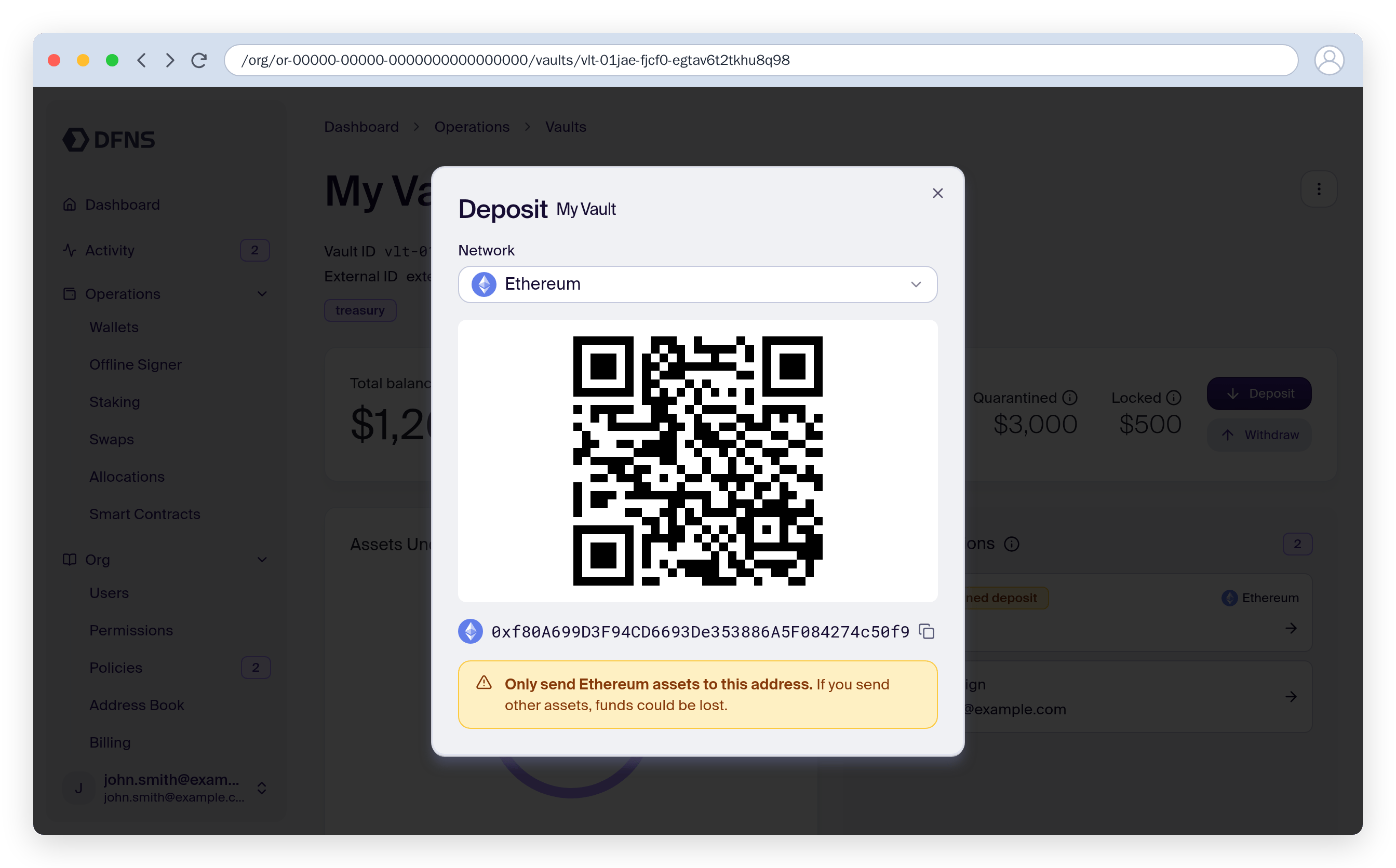 Vault deposit dialog showing the Ethereum address and its QR code