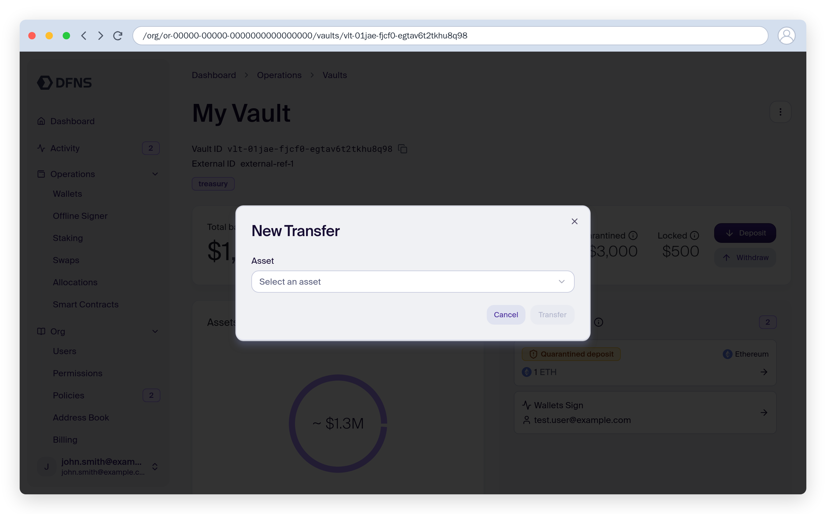 Vault transfer dialog for sending a funded asset out of the vault