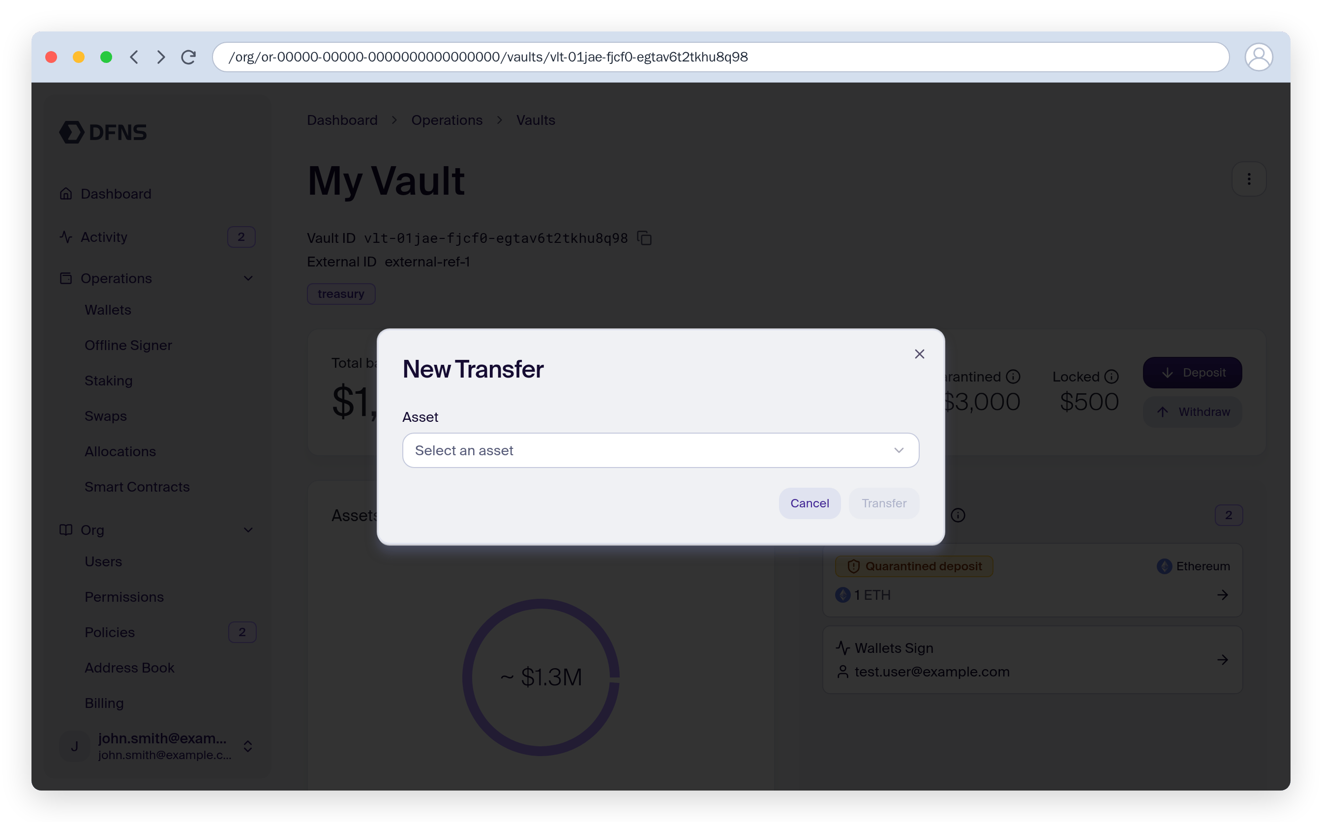 Vault transfer dialog for sending a funded asset out of the vault