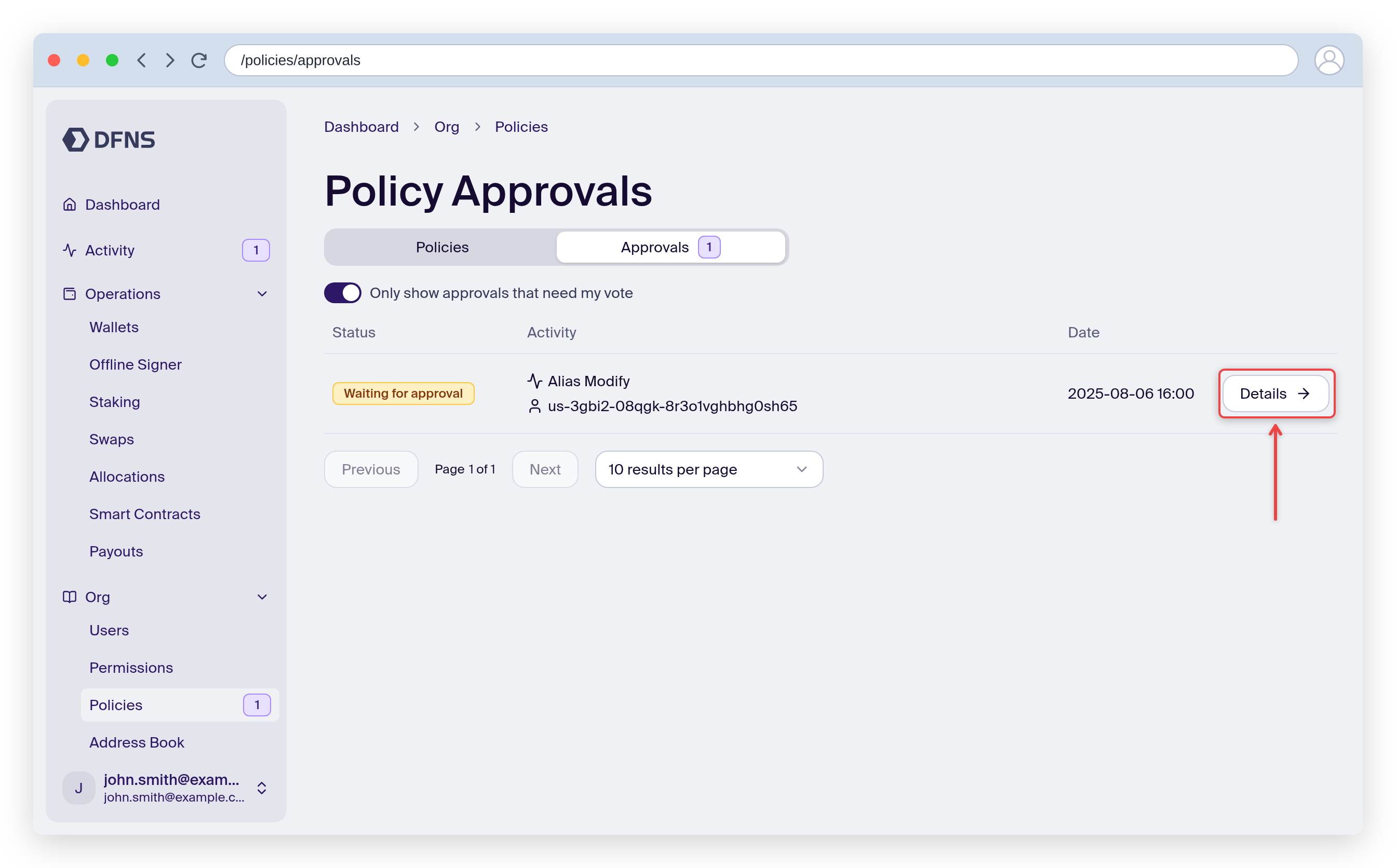 Policy Approvals list with a pending request and the Details link highlighted
