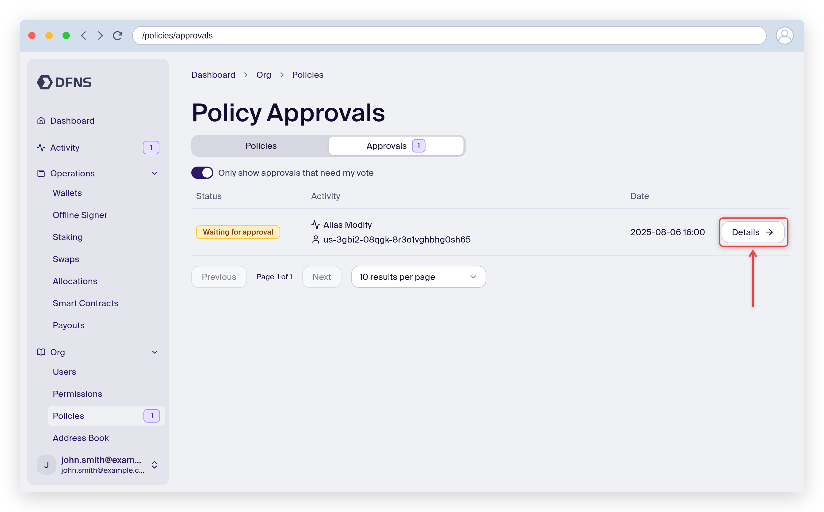 Policy Approvals list with a pending request and the Details link highlighted