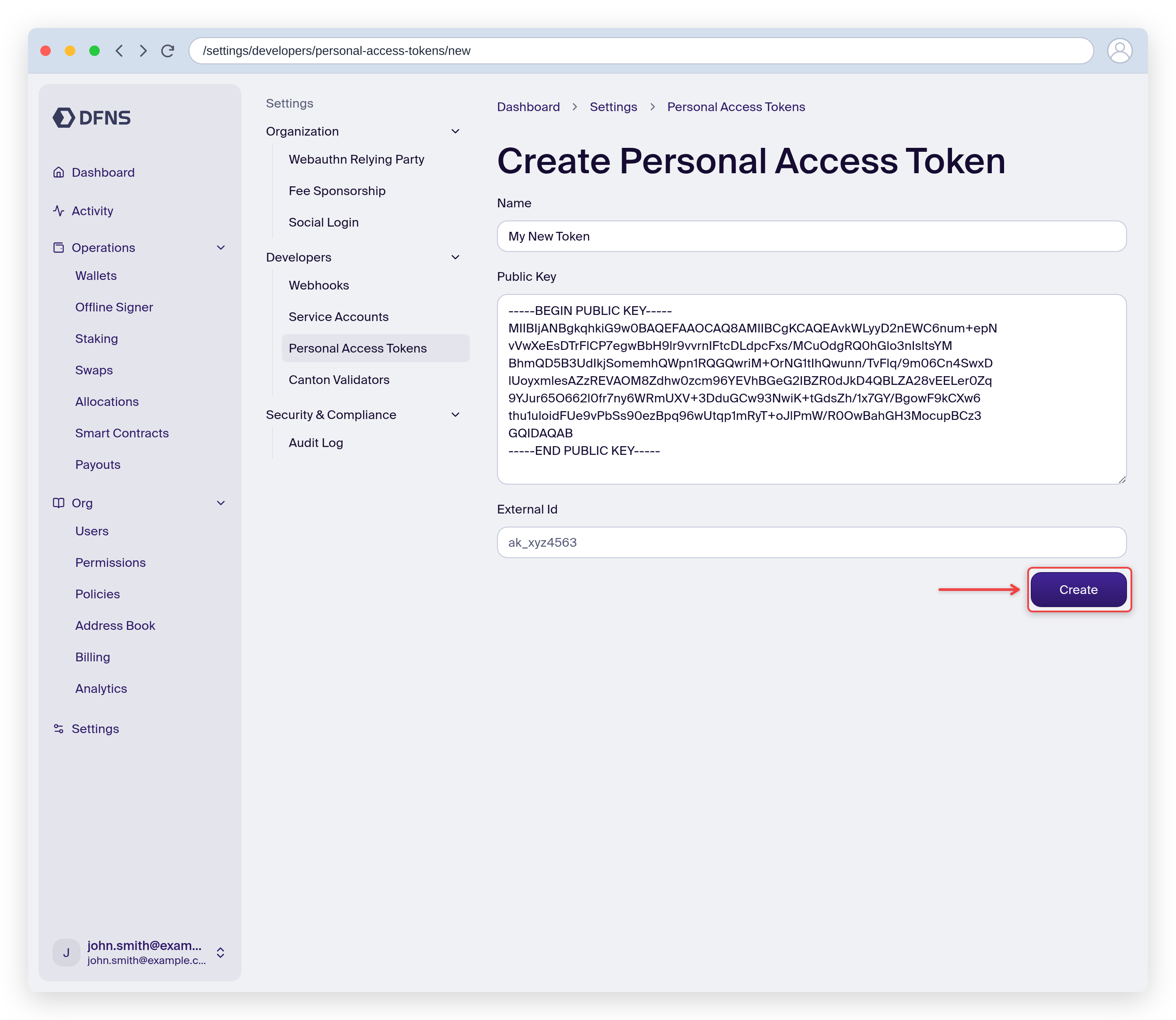 New personal access token form with a name and public key, Create button highlighted