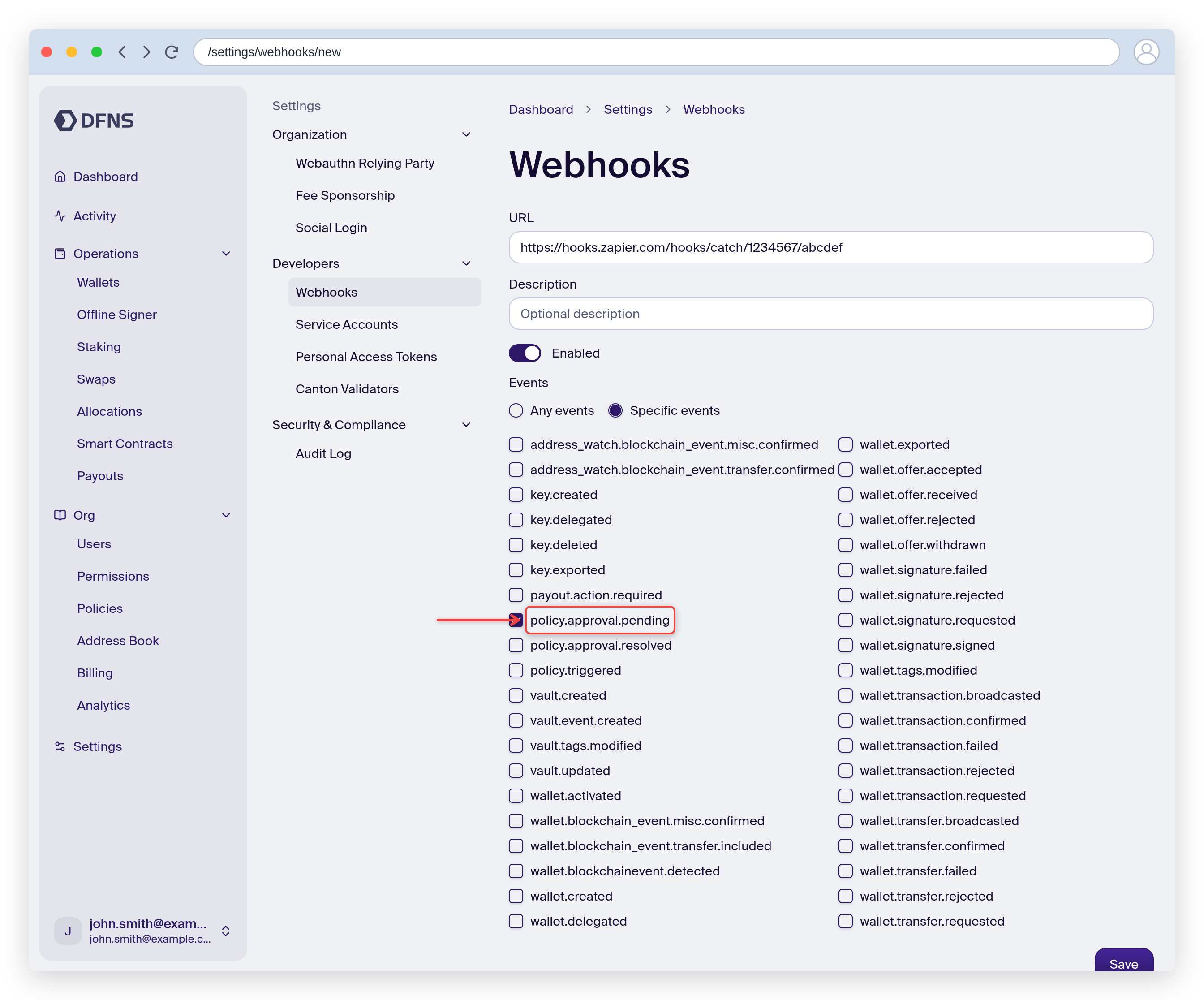 DFNS webhook creation form with Specific Events and policy.approval.pending selected