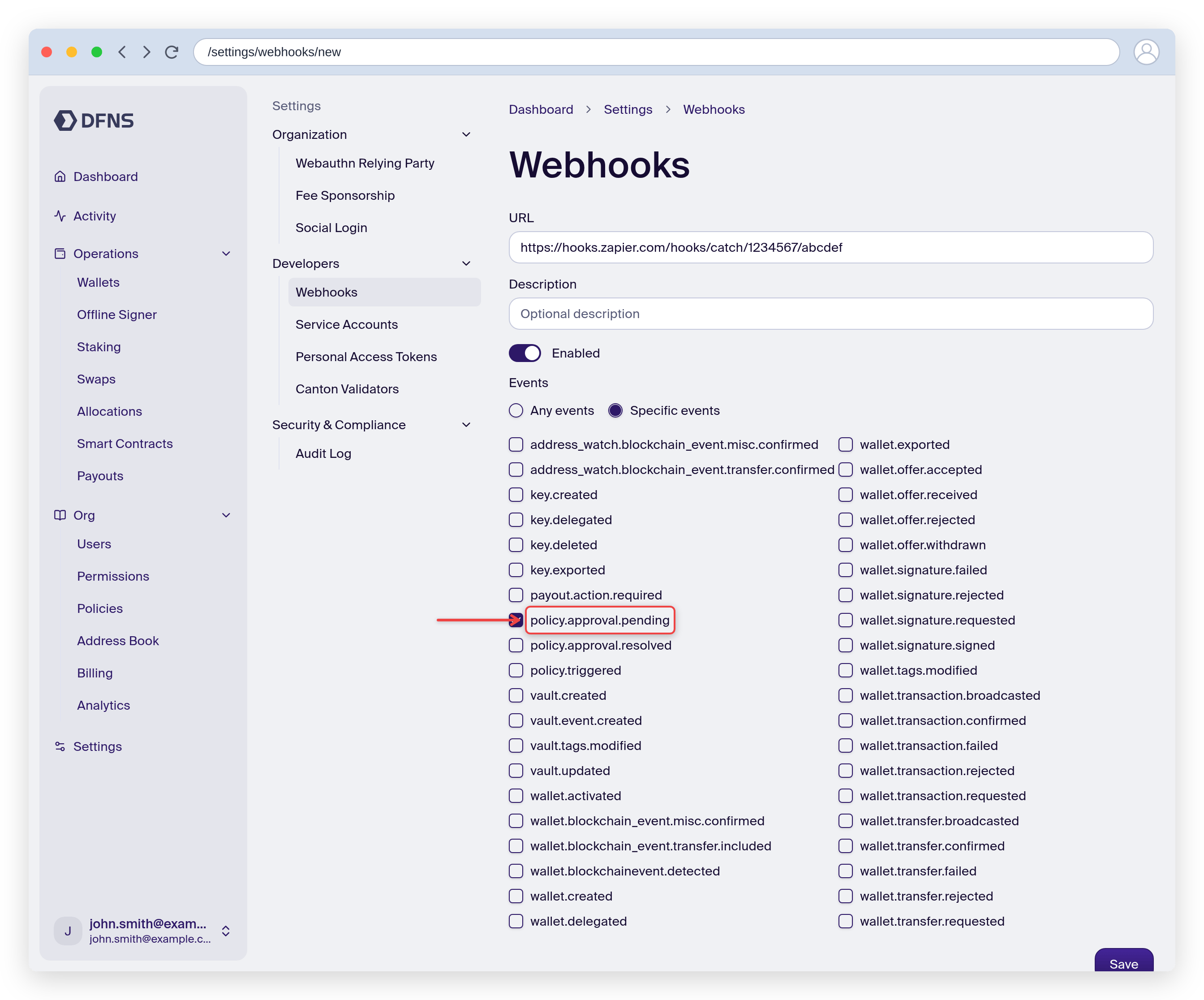 DFNS webhook creation form with Specific Events and policy.approval.pending selected