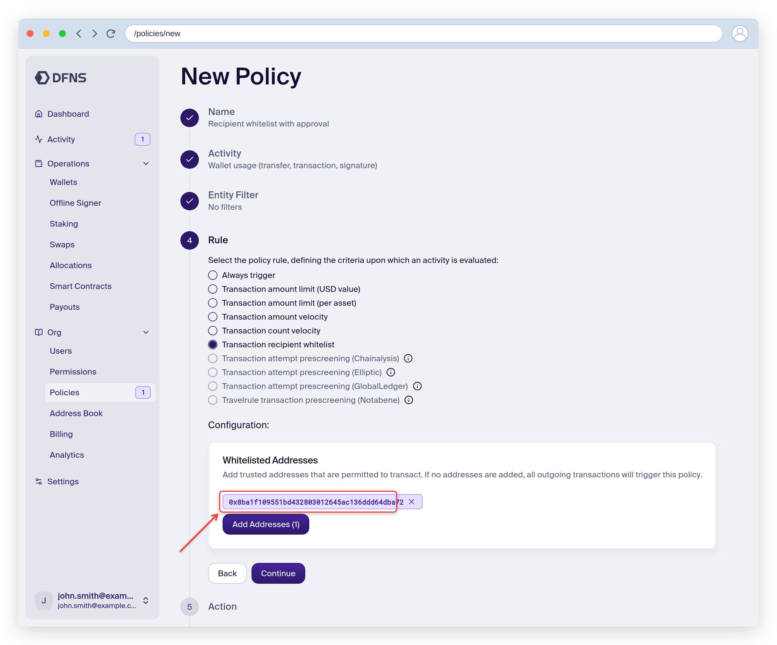 Policy wizard Rule step with a whitelisted address configured