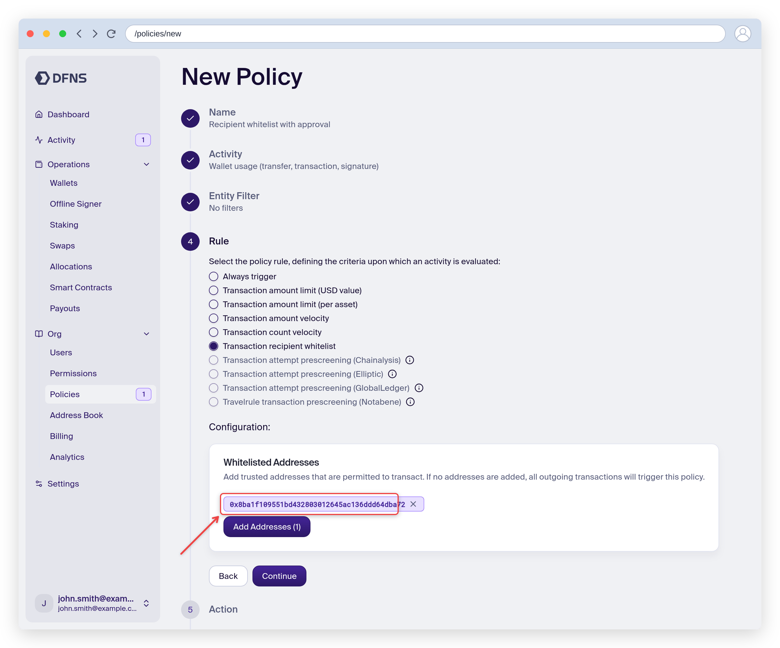 Policy wizard Rule step with a whitelisted address configured