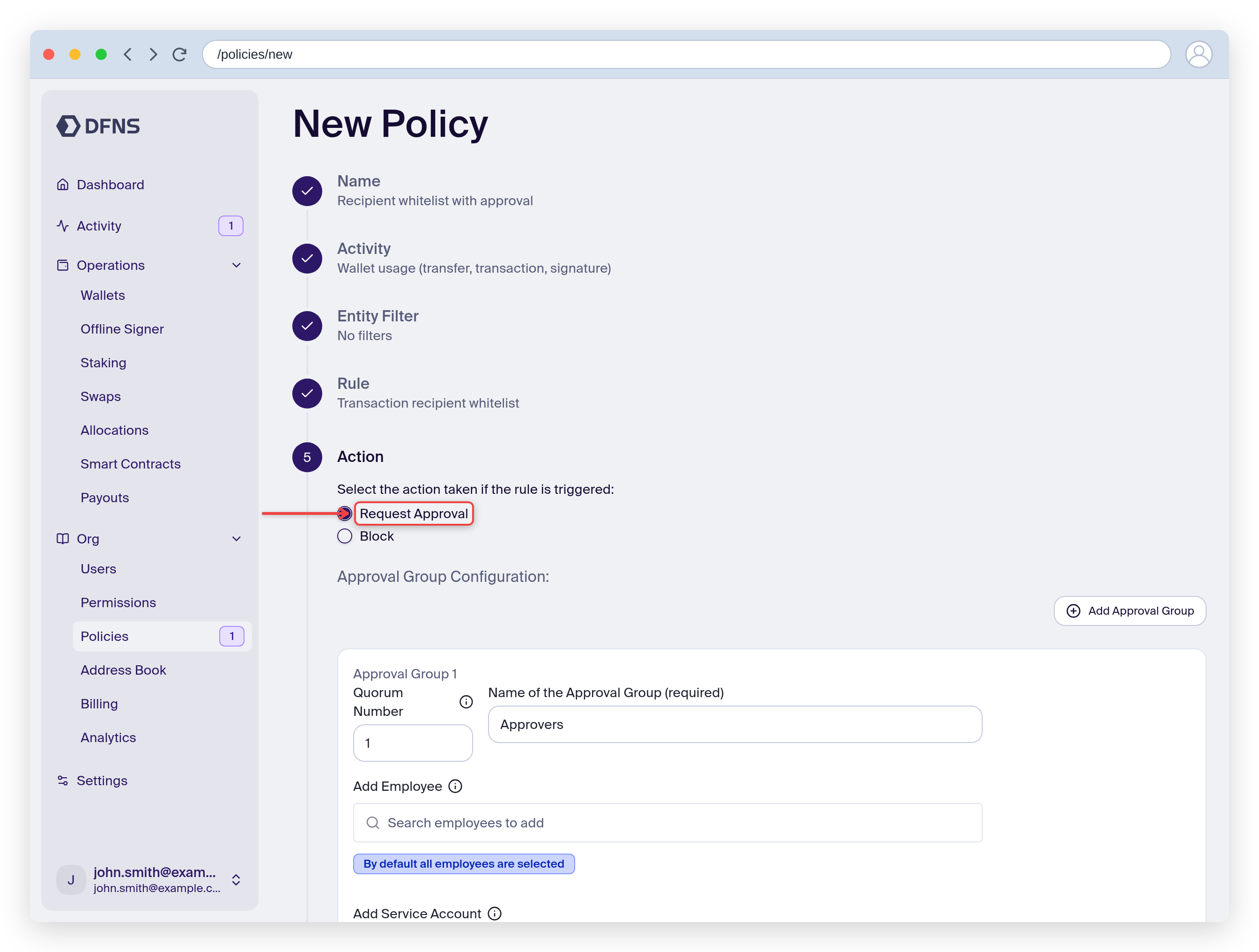 Policy wizard Action step with Request Approval and an approval group