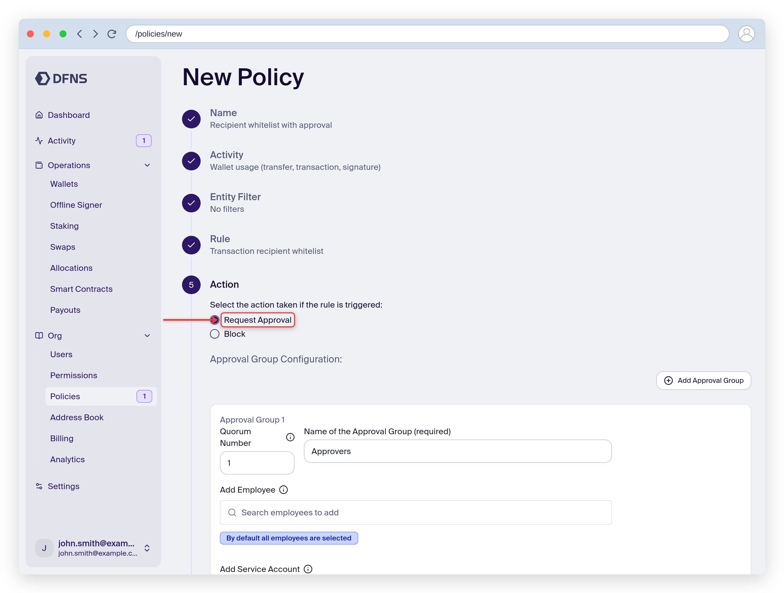 Policy wizard Action step with Request Approval and an approval group