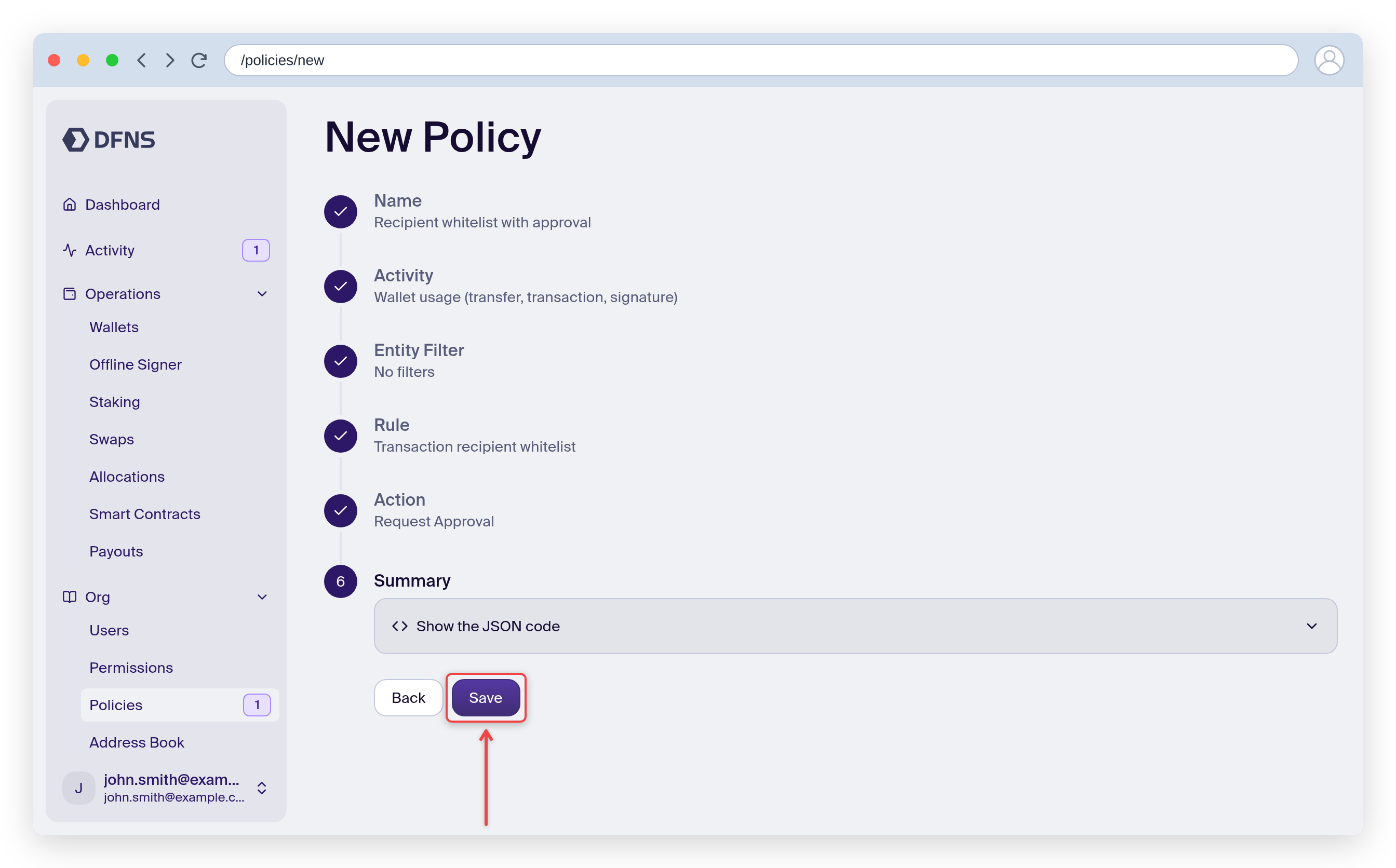 Policy wizard Summary step with the Save button highlighted