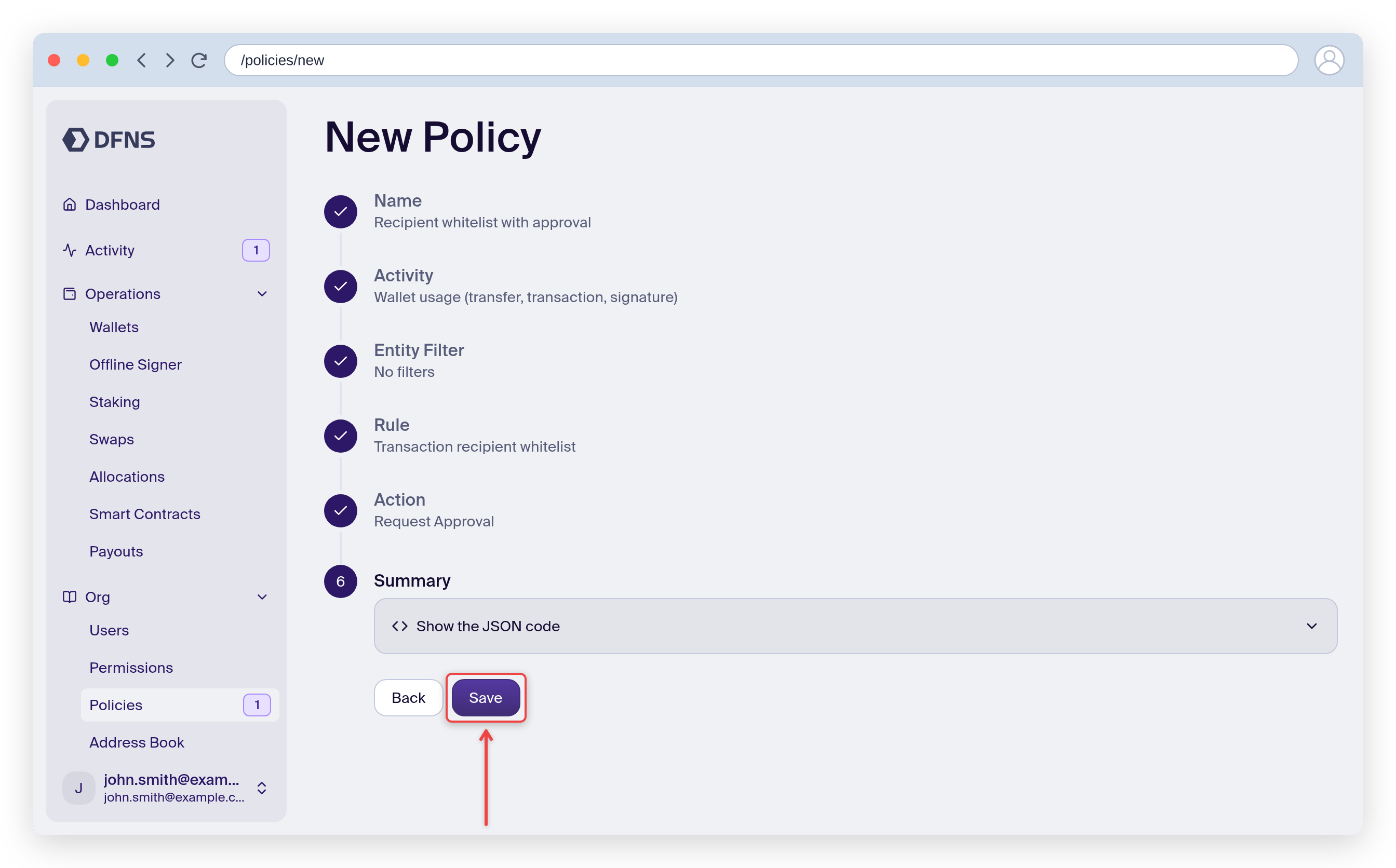 Policy wizard Summary step with the Save button highlighted