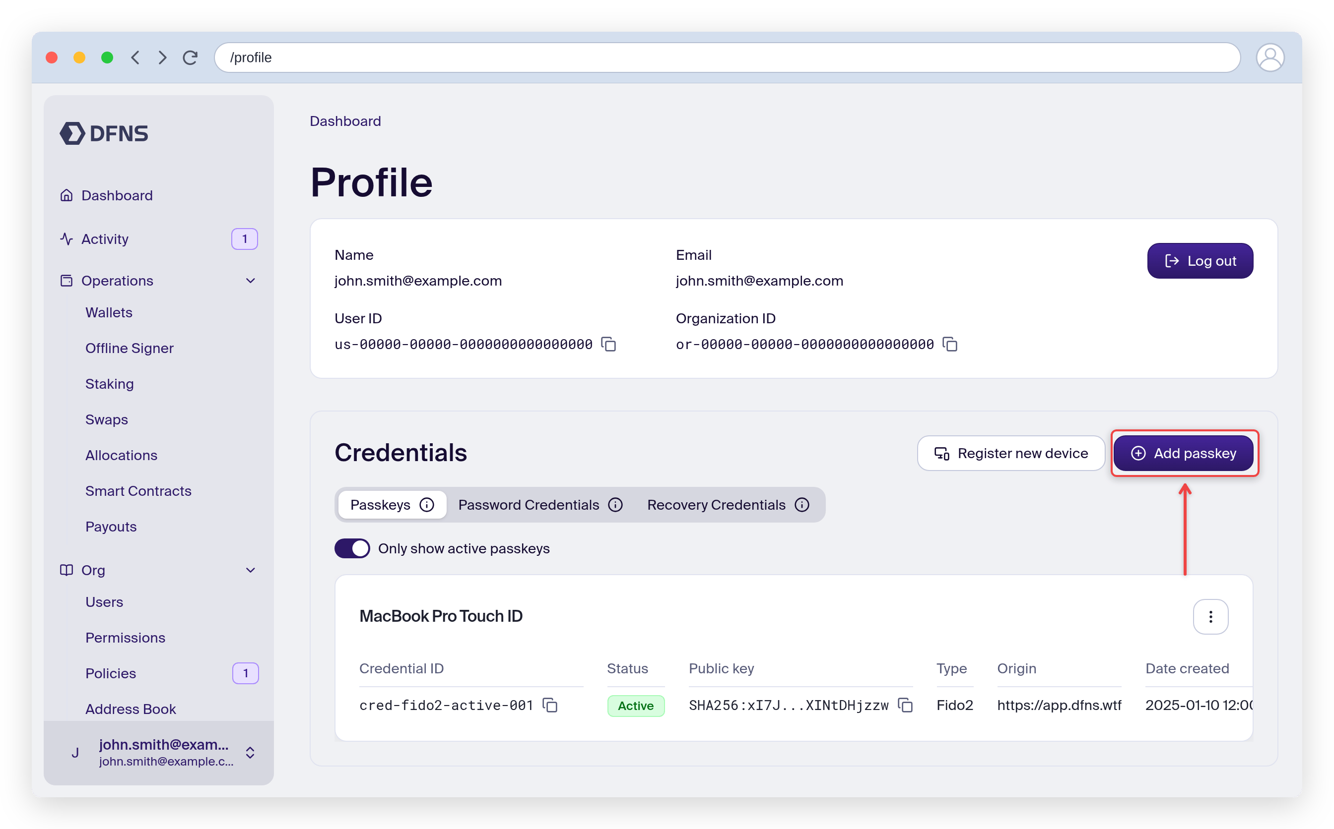 Profile page Passkeys tab listing existing credentials, with the Add passkey button highlighted