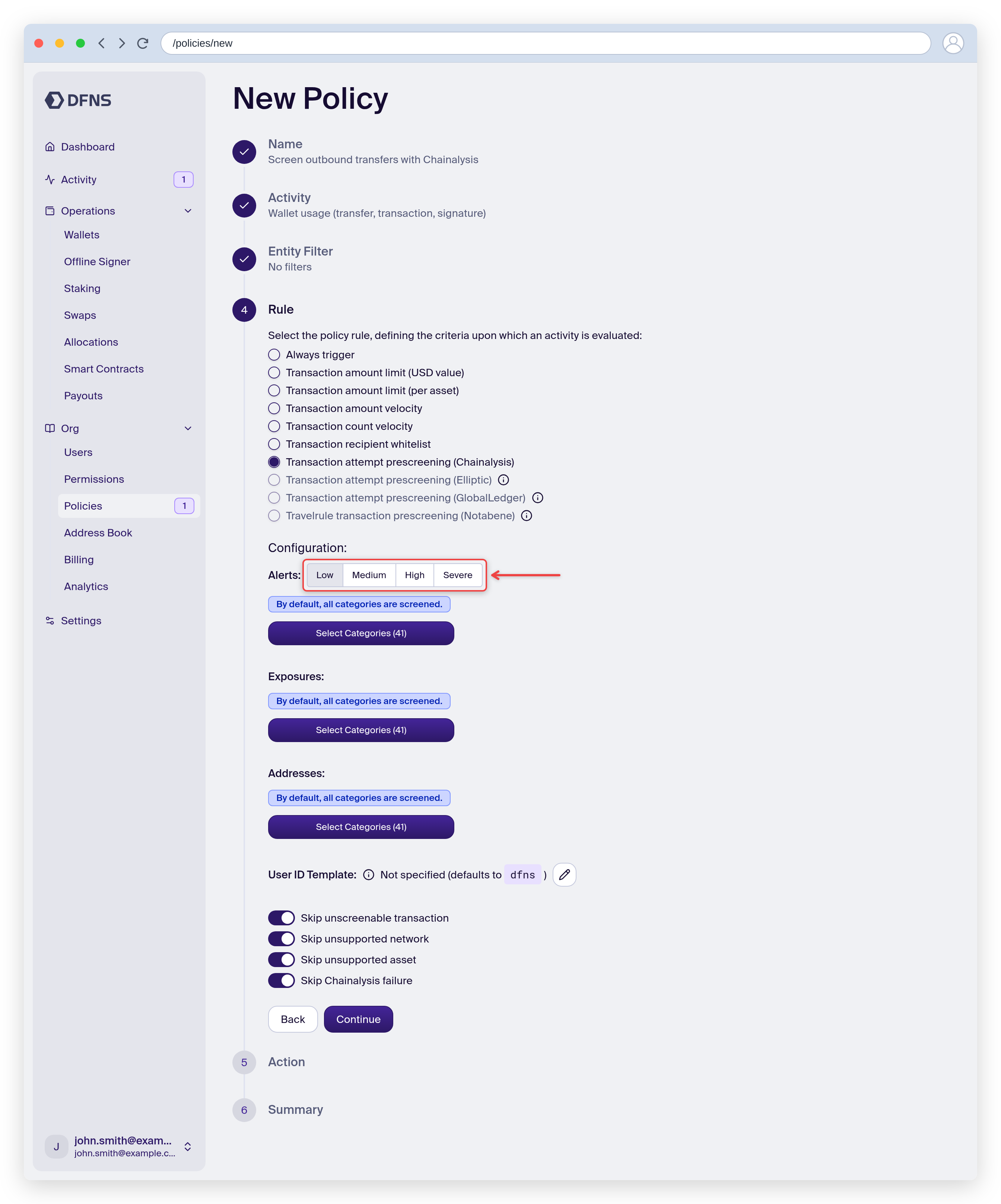 Policy rule set to Chainalysis prescreening with the alert level configuration