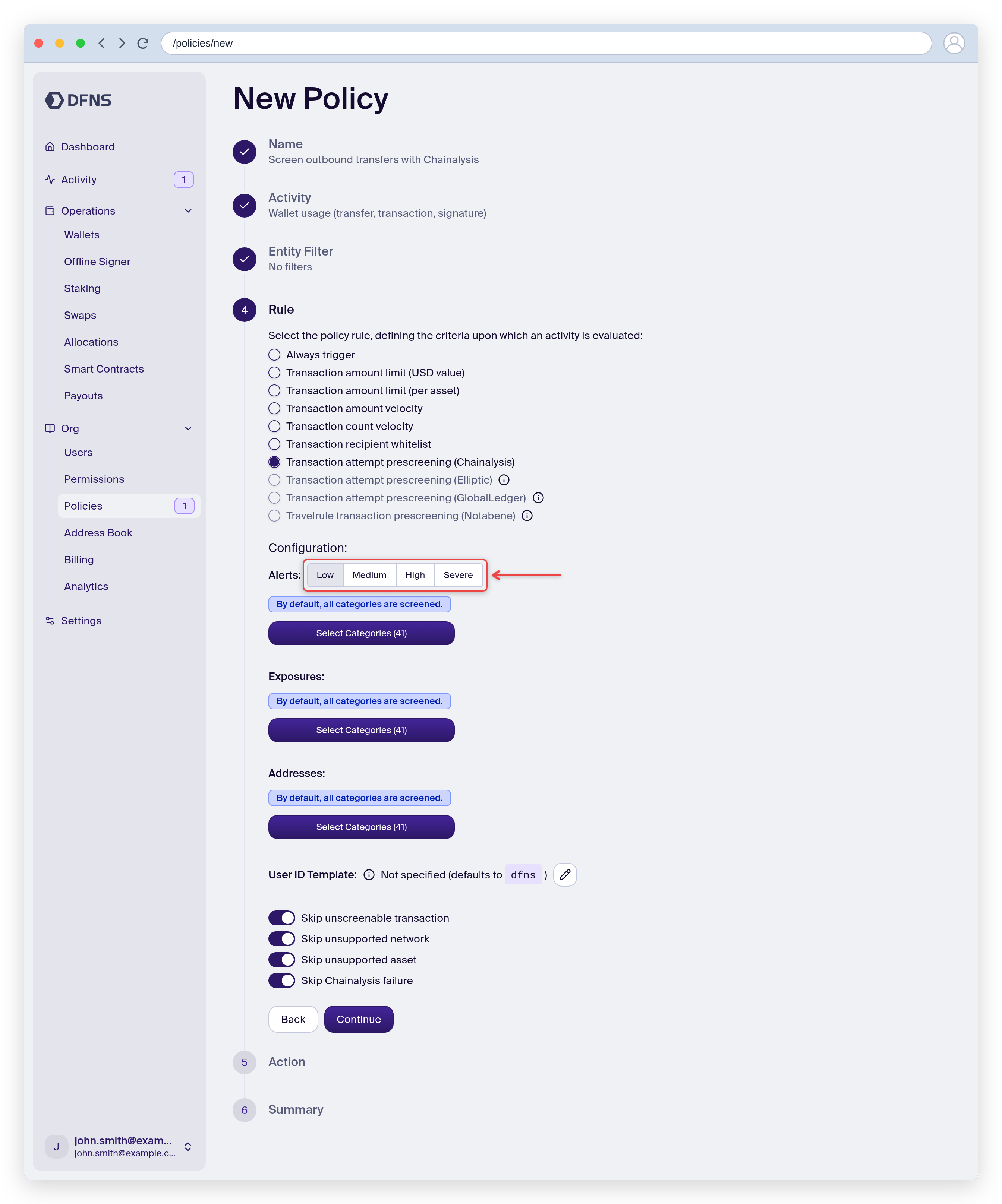 Policy rule set to Chainalysis prescreening with the alert level configuration
