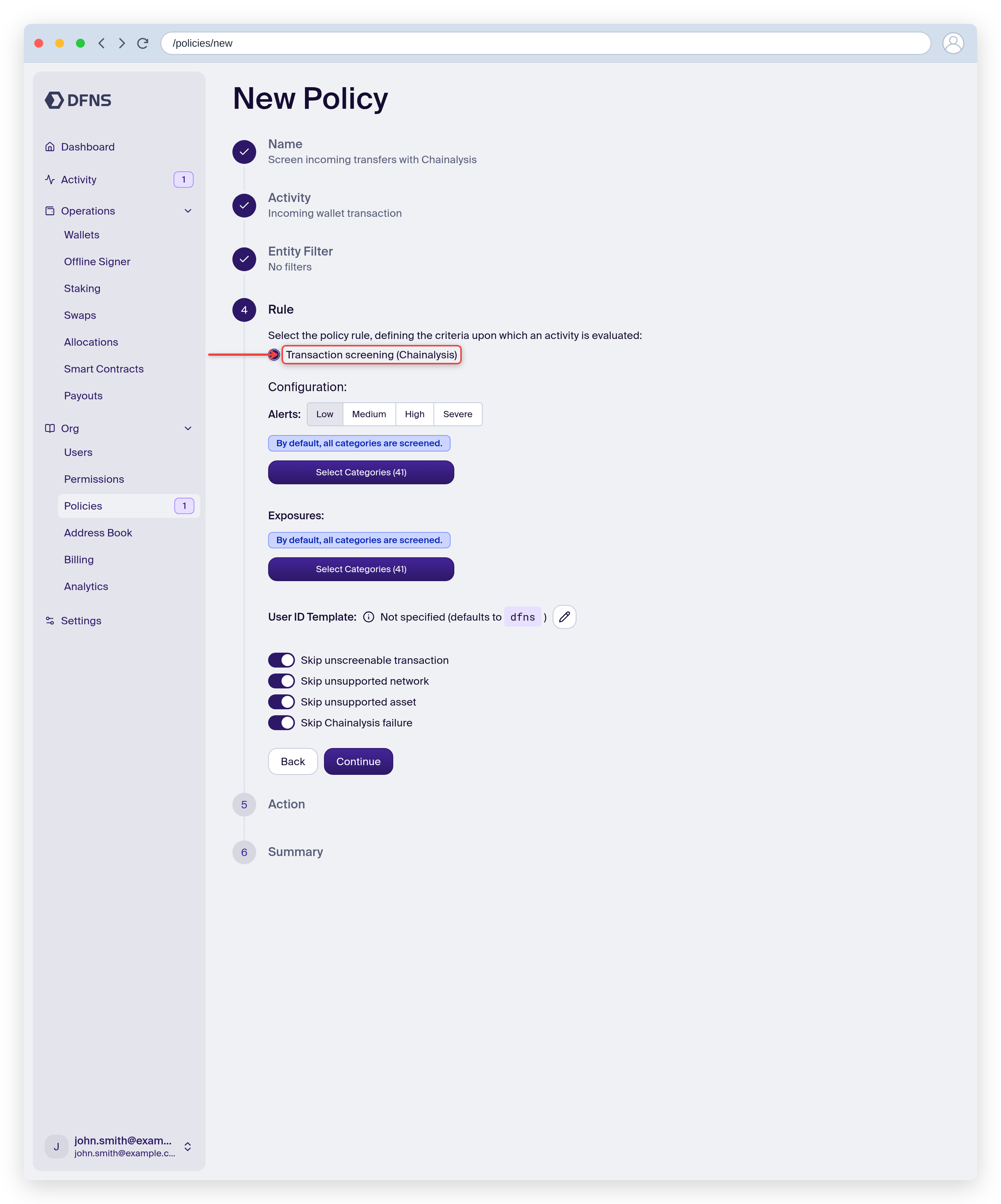 Policy rule set to Chainalysis incoming transaction screening