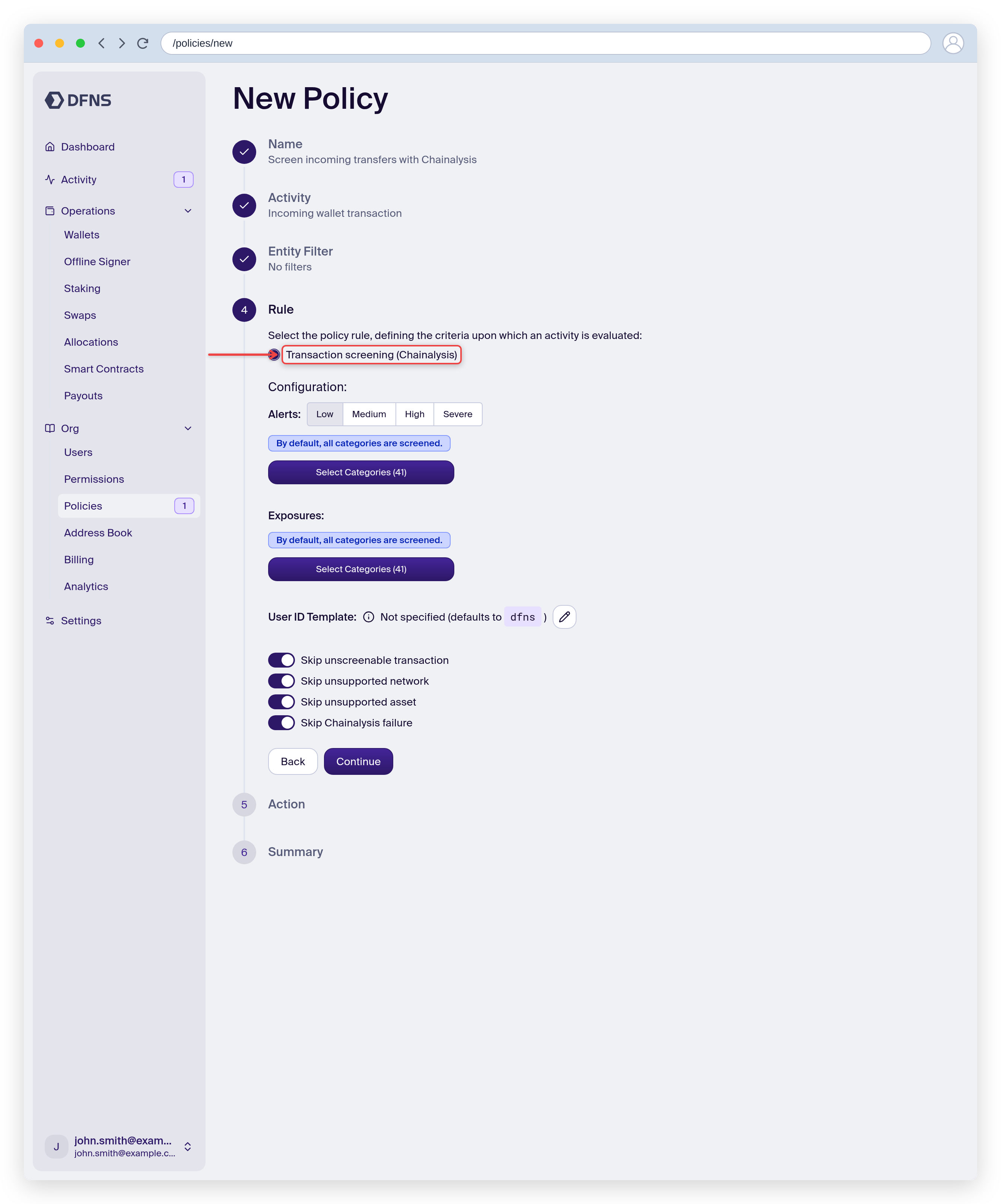 Policy rule set to Chainalysis incoming transaction screening