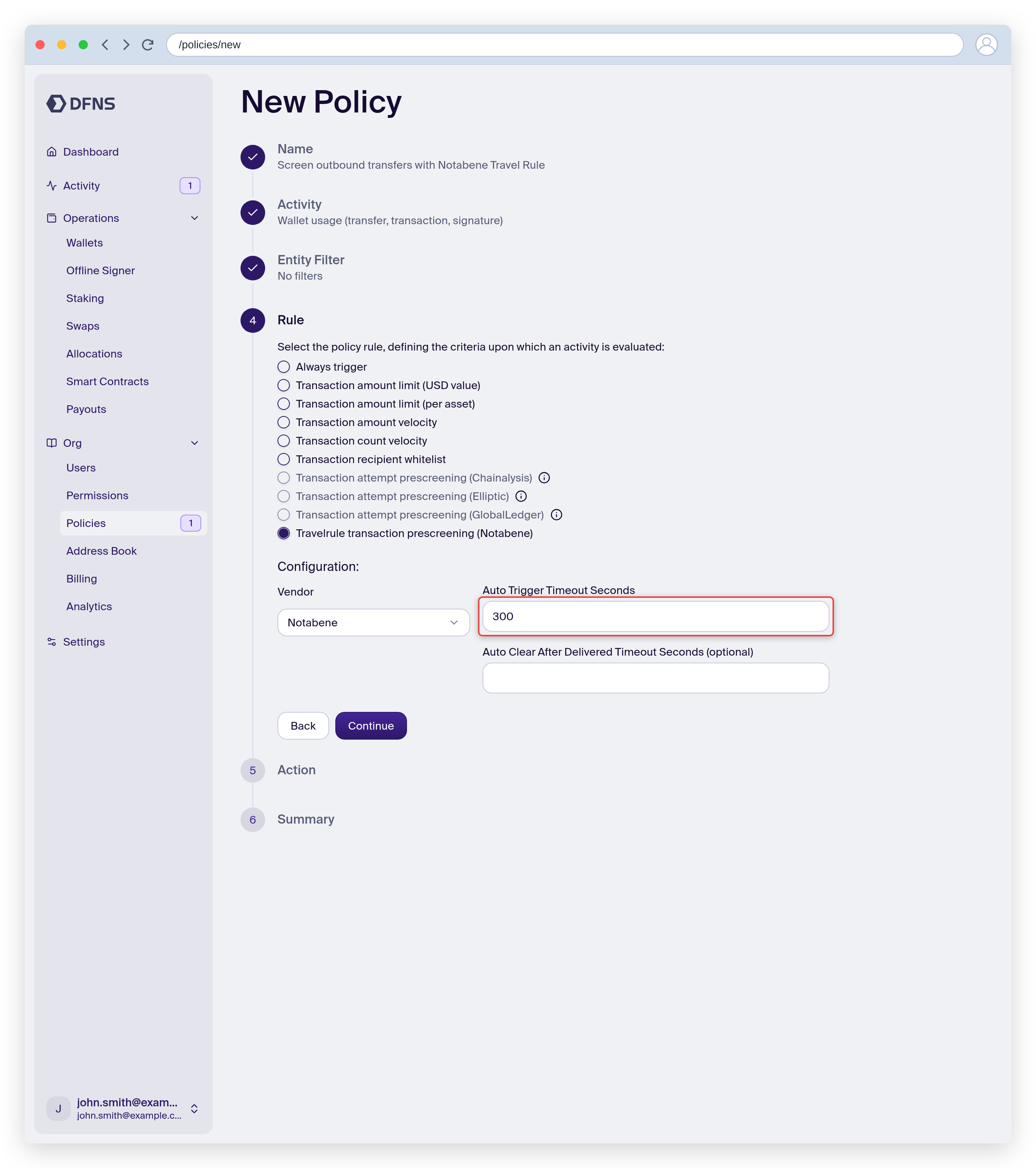 Policy wizard with the Notabene Travel Rule prescreening rule selected