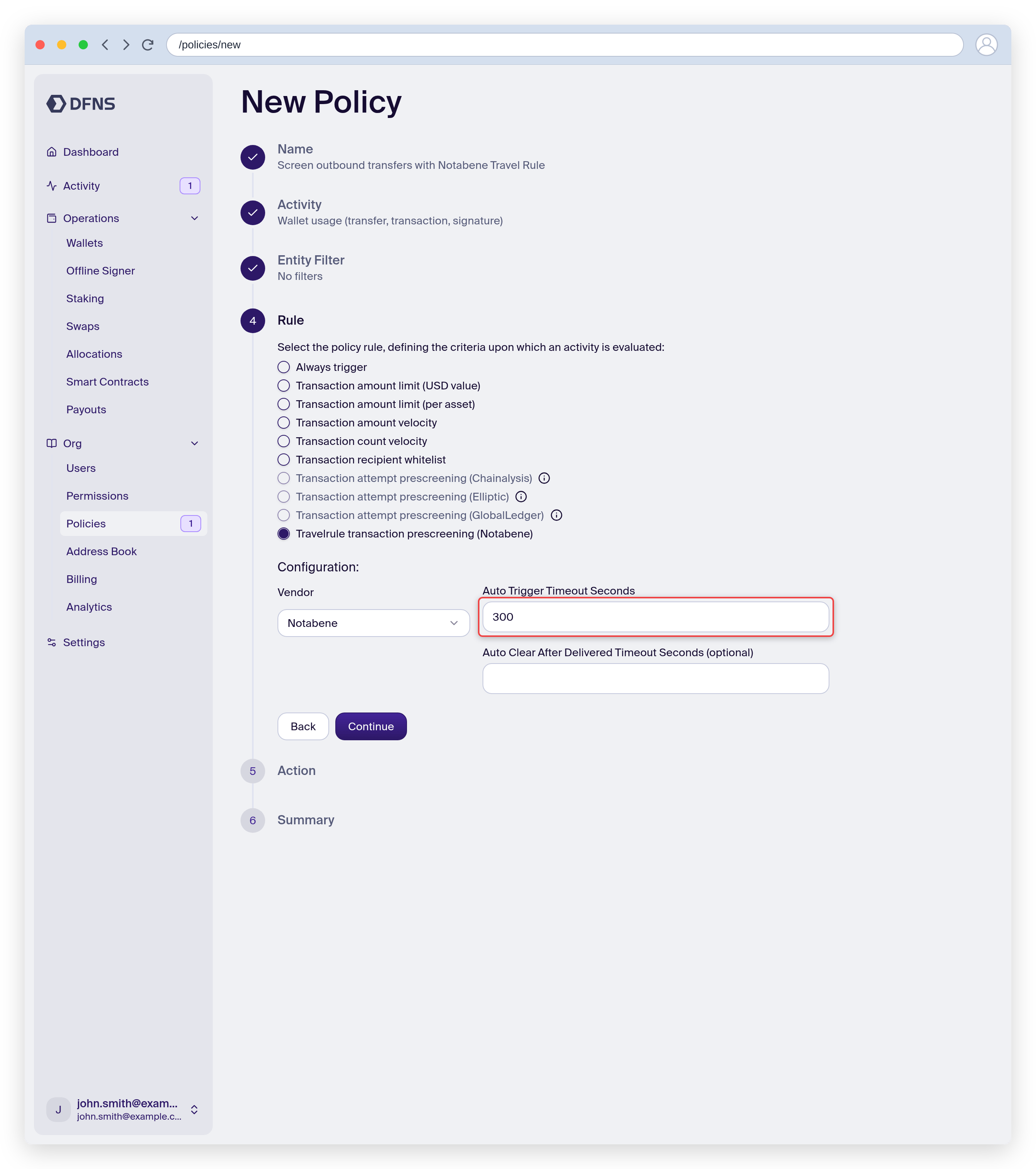 Policy wizard with the Notabene Travel Rule prescreening rule selected