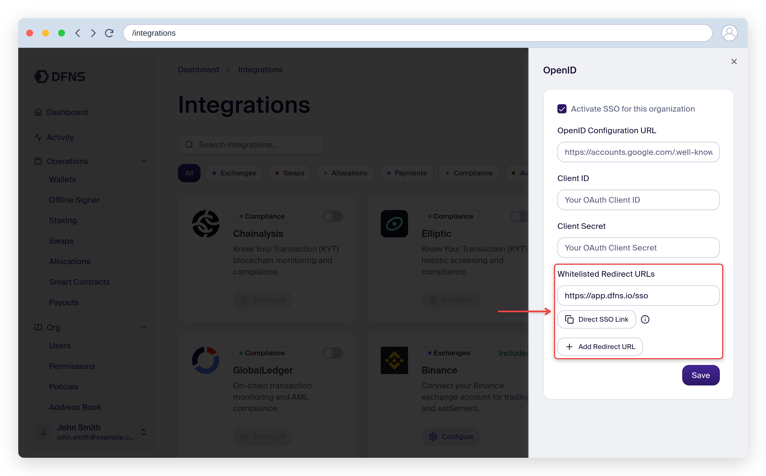 SSO configuration with Activate SSO checked and the Redirect URL highlighted