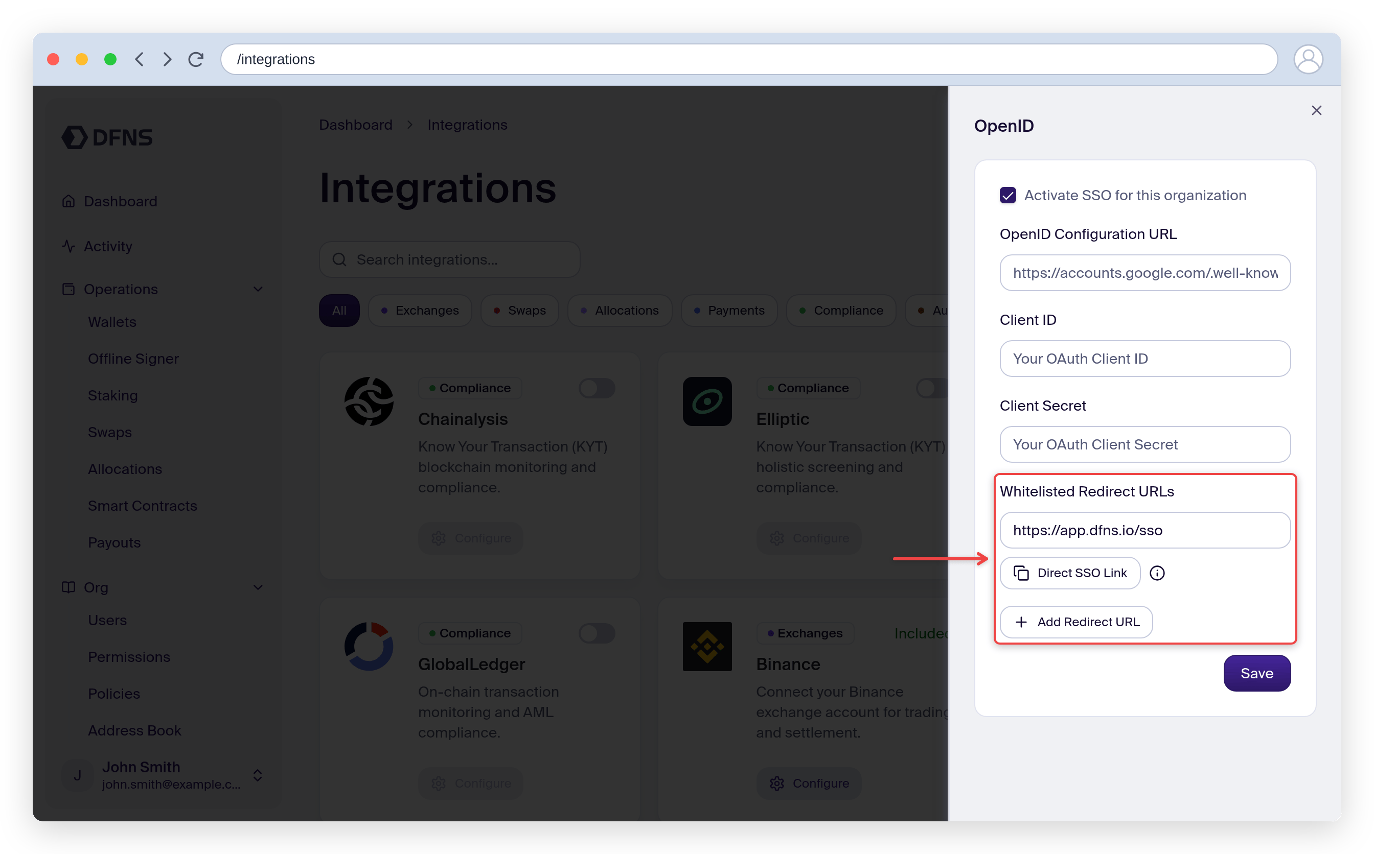 SSO configuration with Activate SSO checked and the Redirect URL highlighted