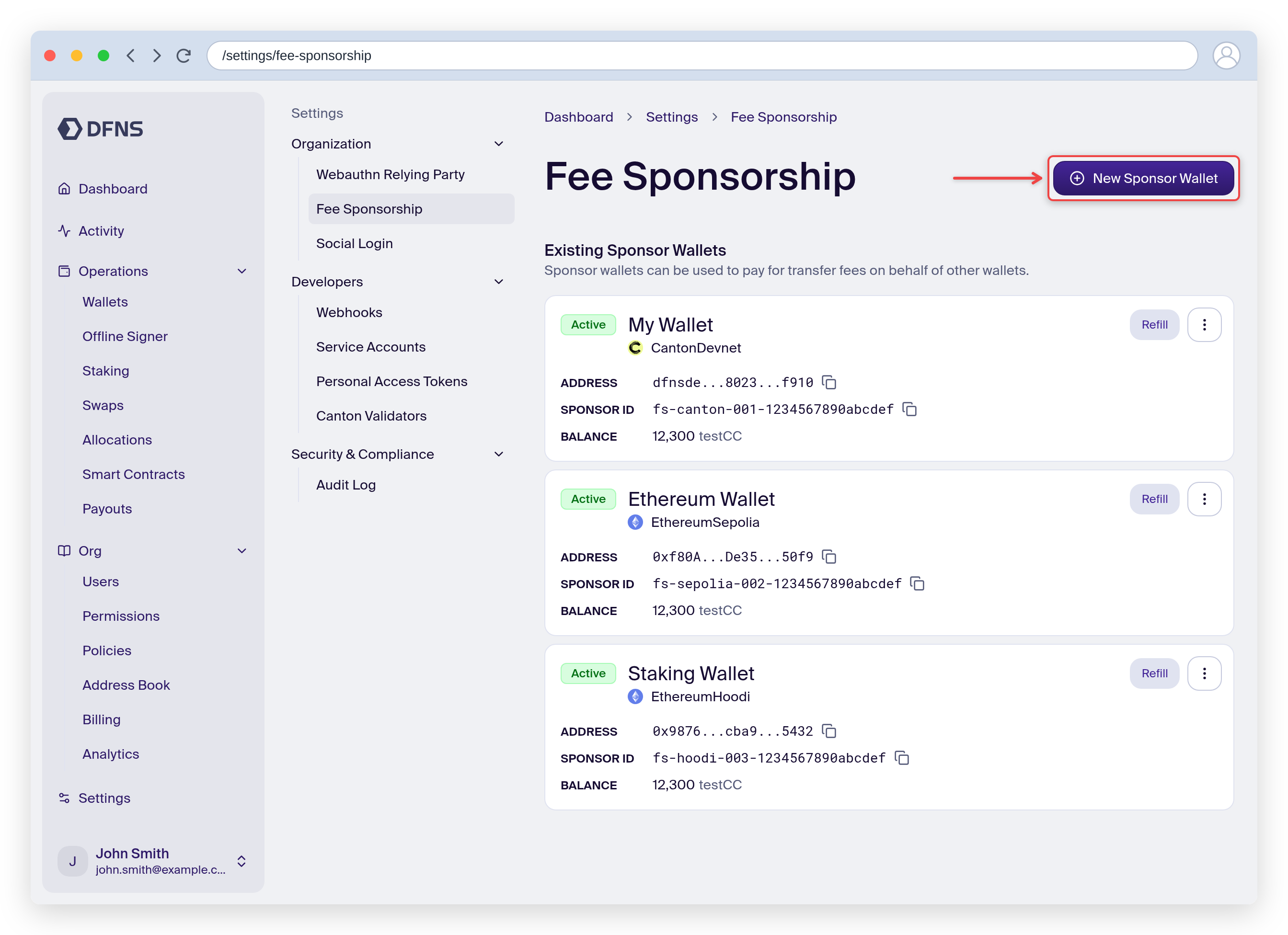 Fee sponsor wallets list with the New Sponsor Wallet button highlighted