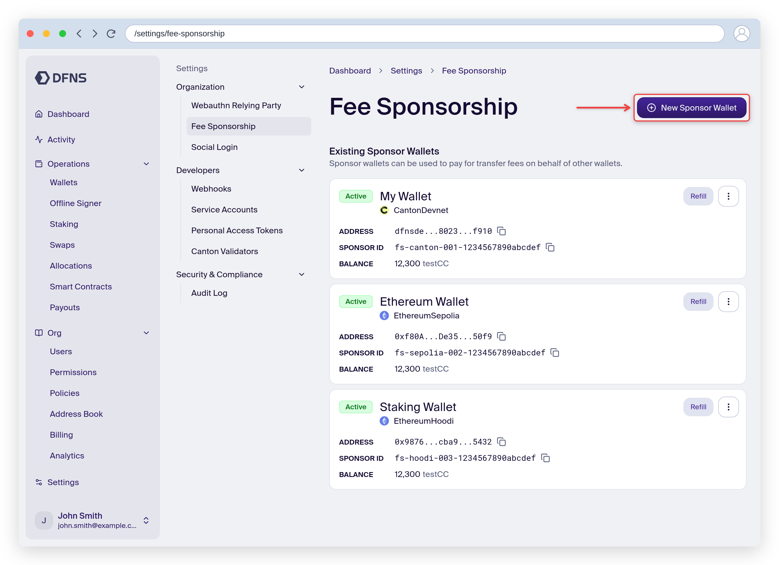 Fee sponsor wallets list with the New Sponsor Wallet button highlighted