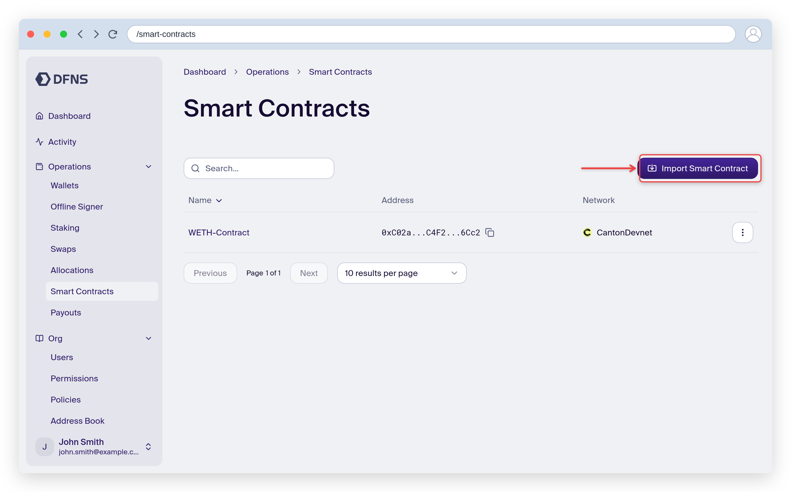 Smart Contracts page with the Import Smart Contract button highlighted