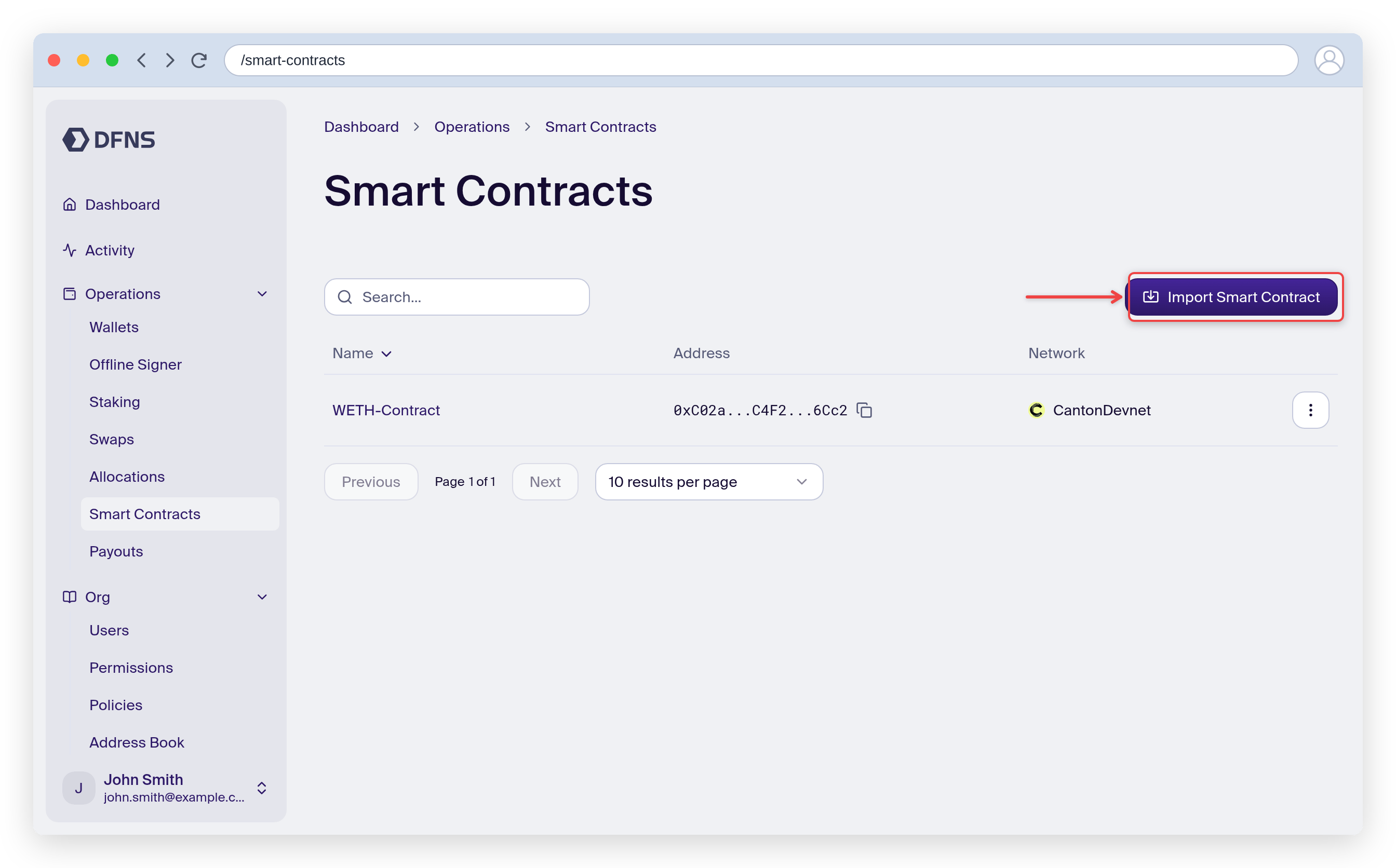 Smart Contracts page with the Import Smart Contract button highlighted