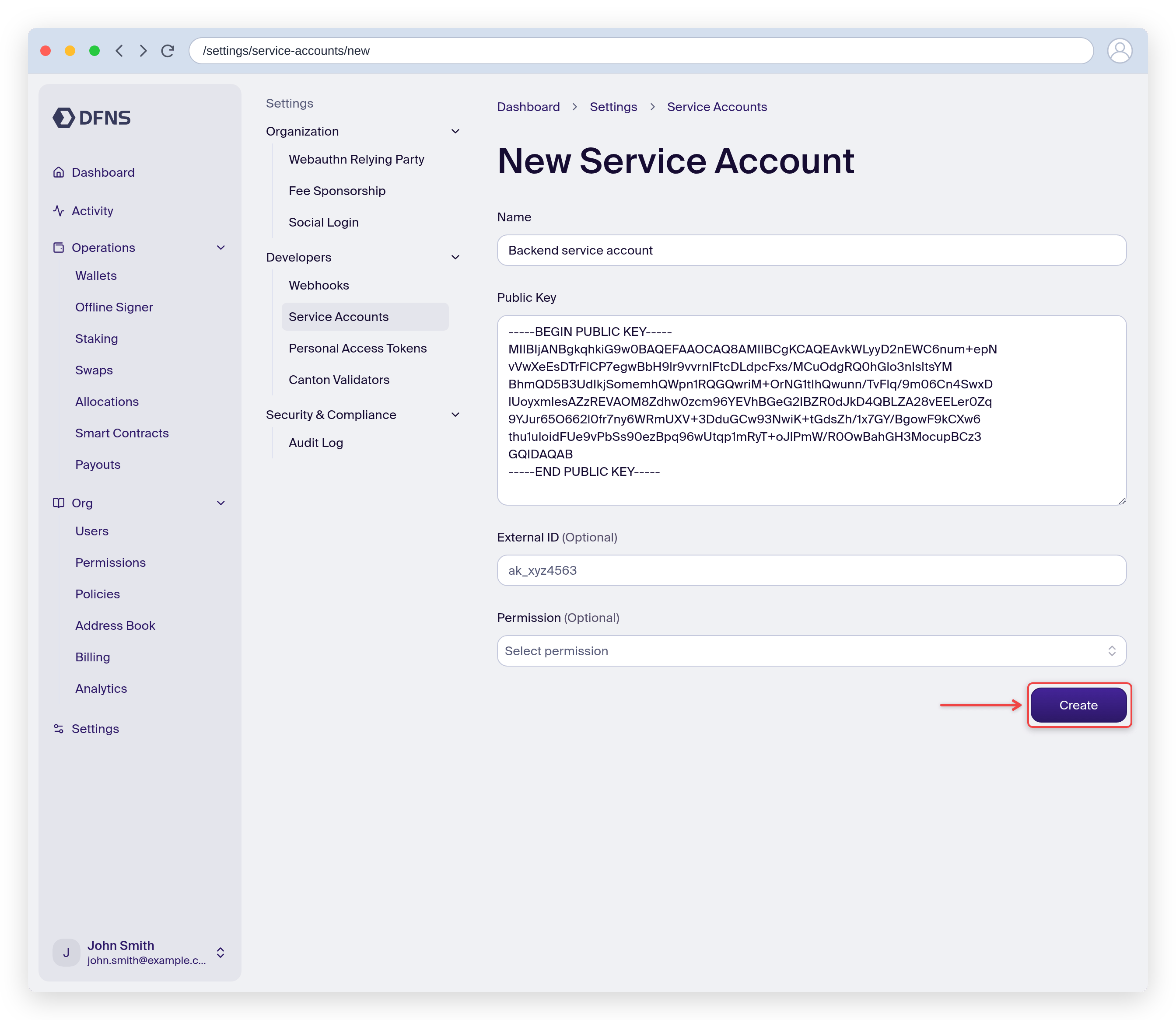 New service account form with a name and public key, Create button highlighted
