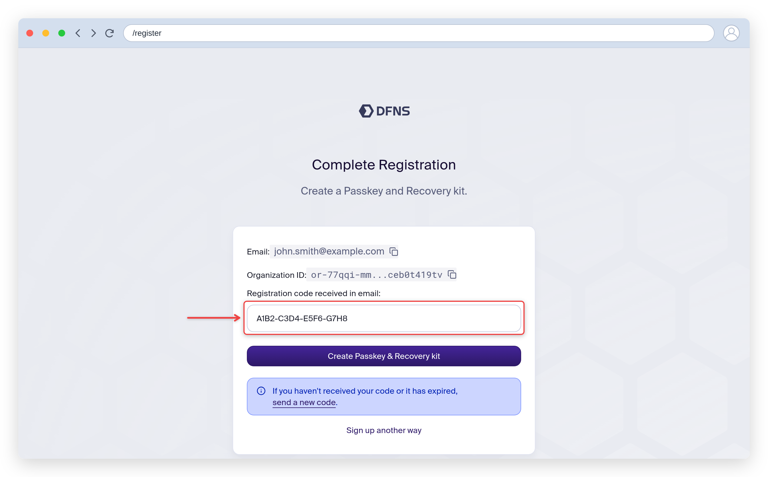 Complete Registration page: enter the emailed code, with your organization ID shown