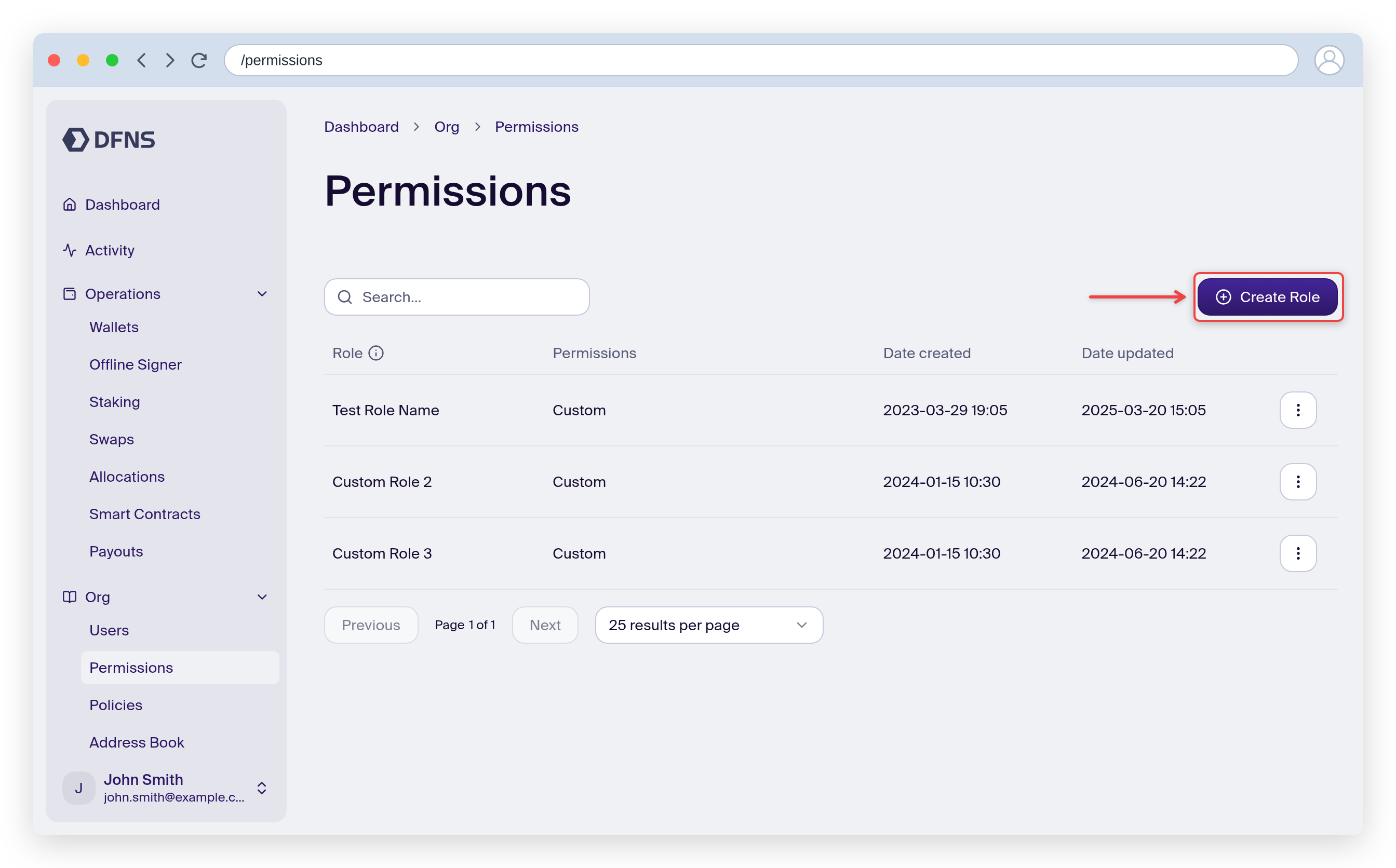 Permissions page with the Create Role button highlighted