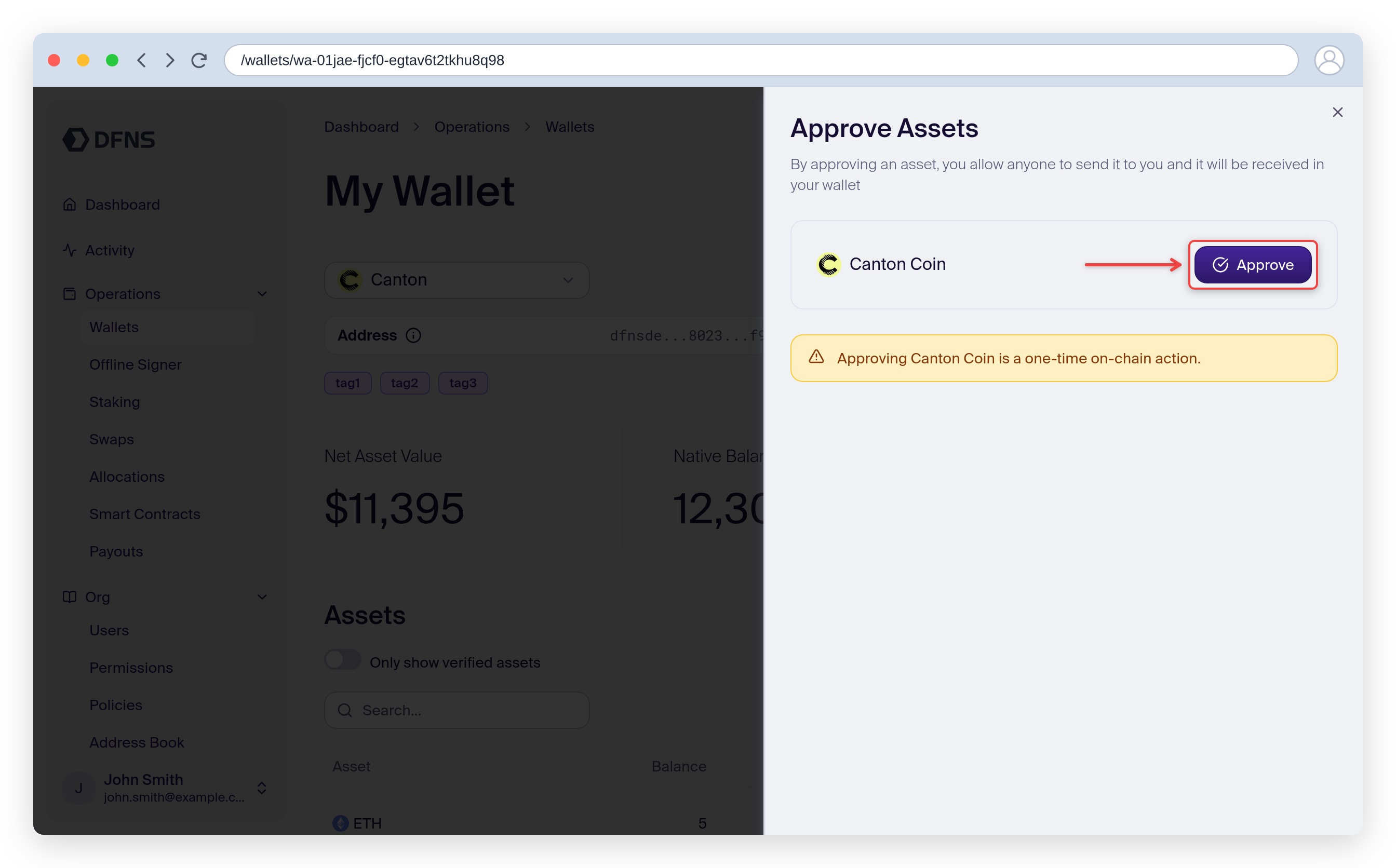 Approve Assets dialog with the Approve button for Canton Coin highlighted