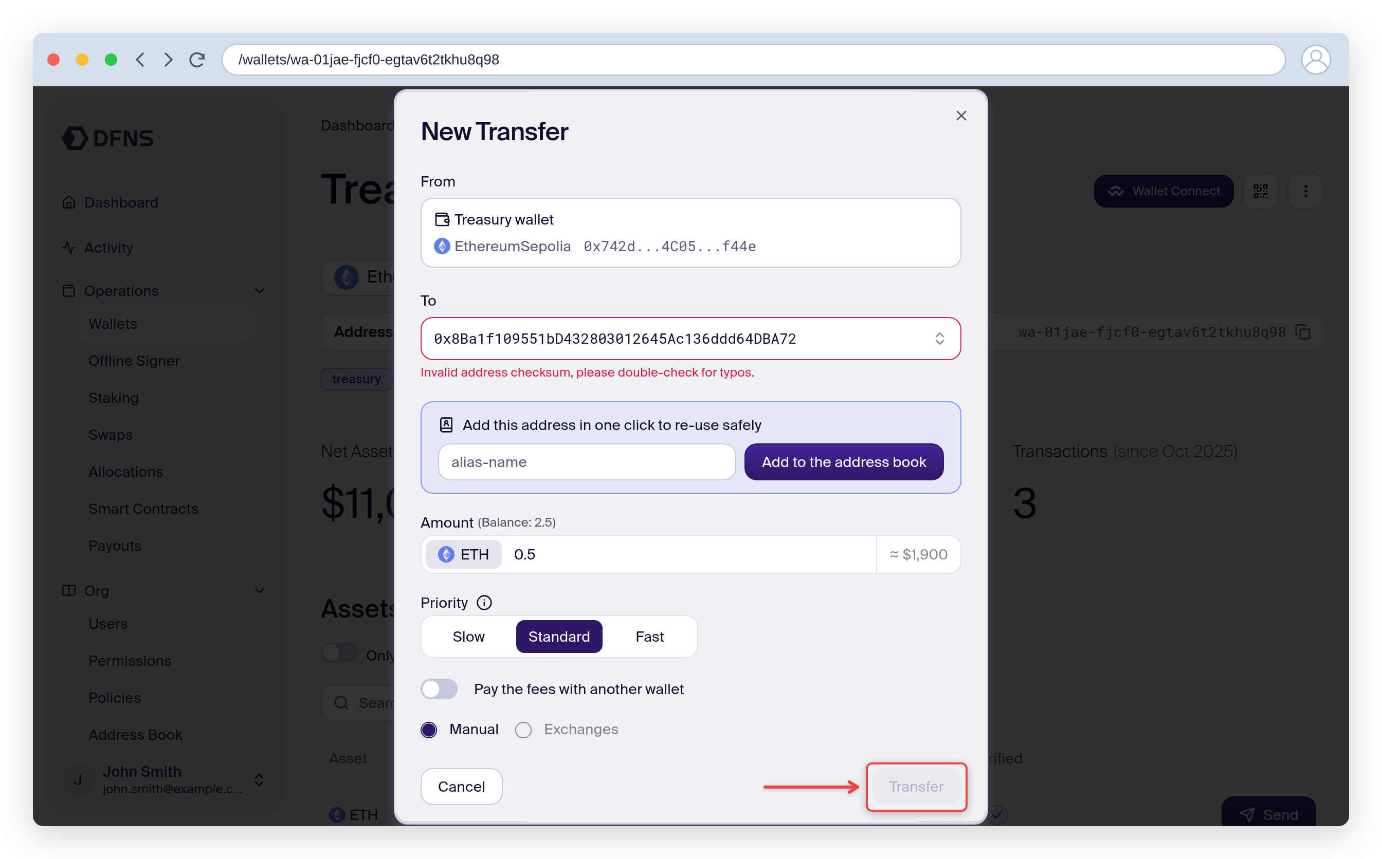 Transfer modal with recipient address and amount filled in, Transfer button highlighted