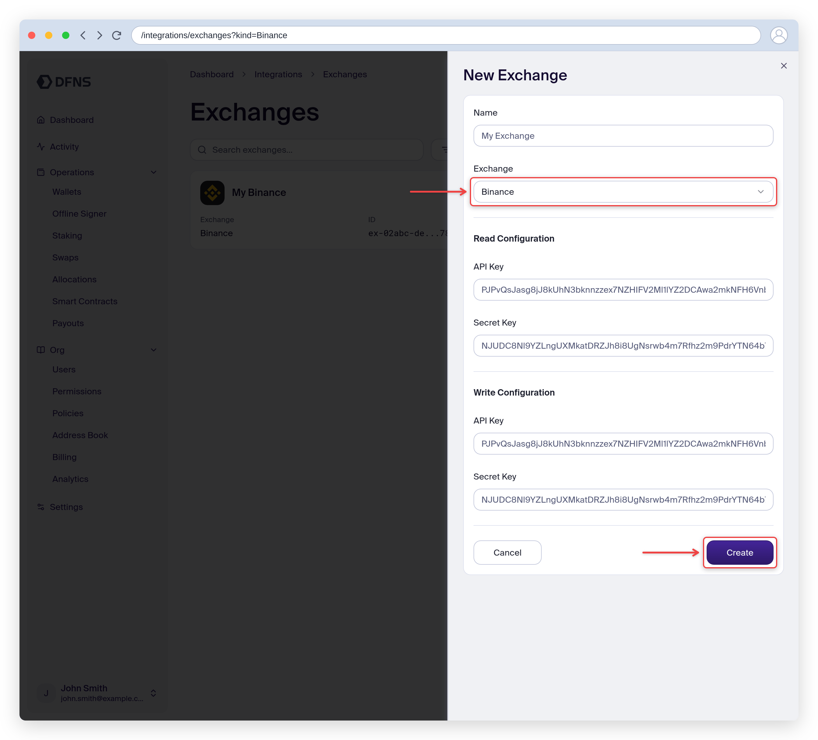 New Exchange form with the exchange selector and Create button highlighted