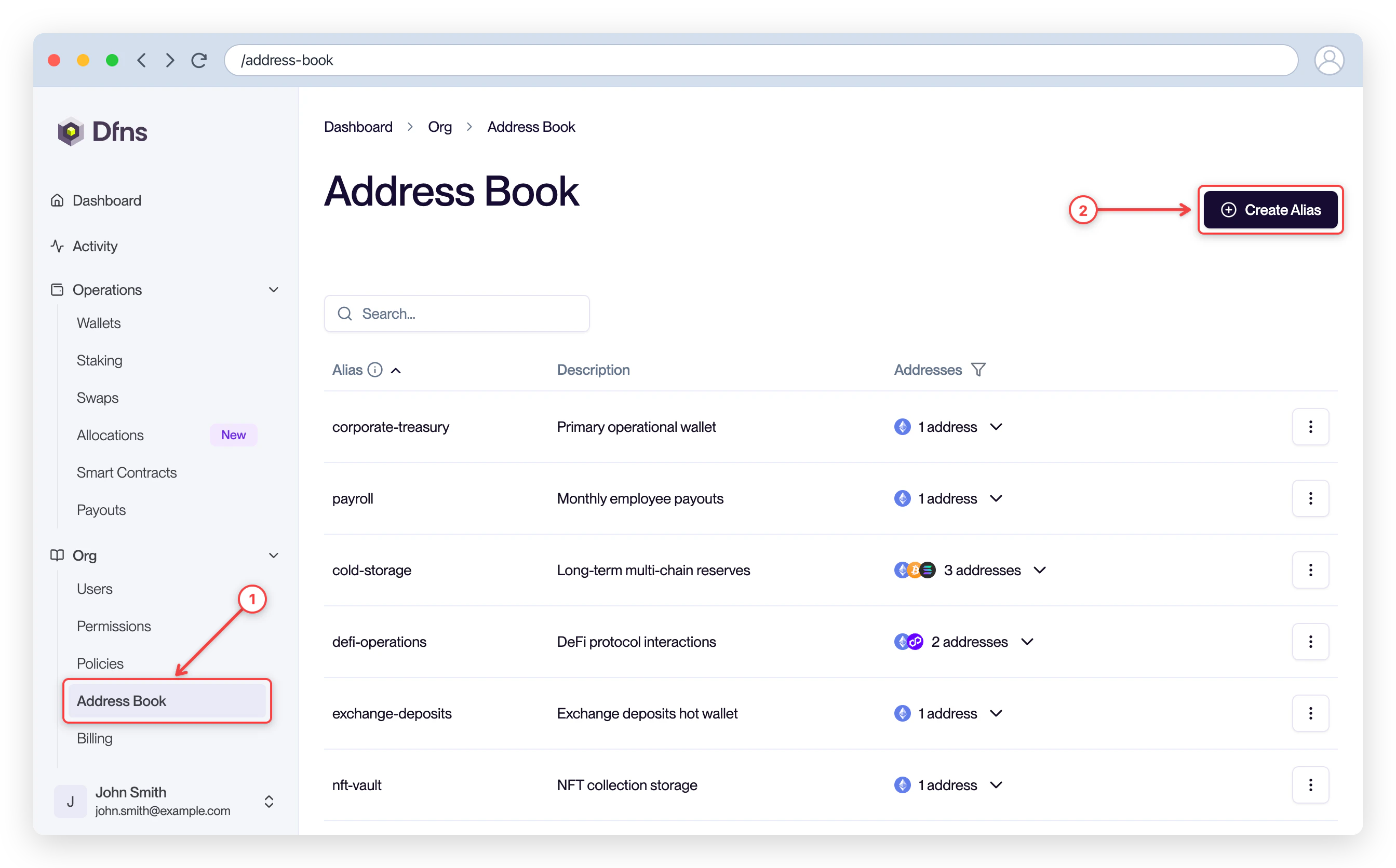 Address Book page with the sidebar entry and the Create Alias button highlighted
