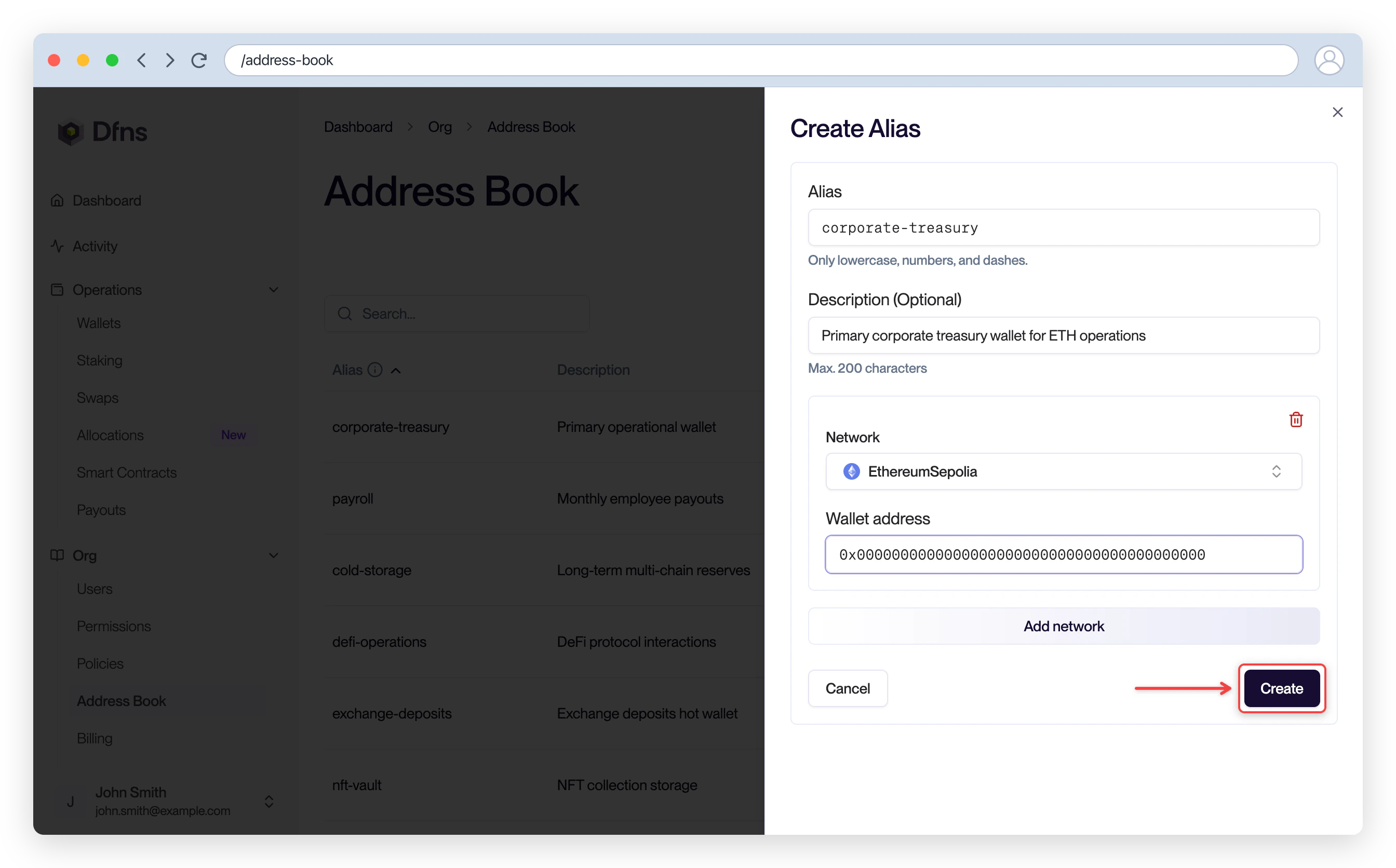Create alias form with fields for name, description, network, and address