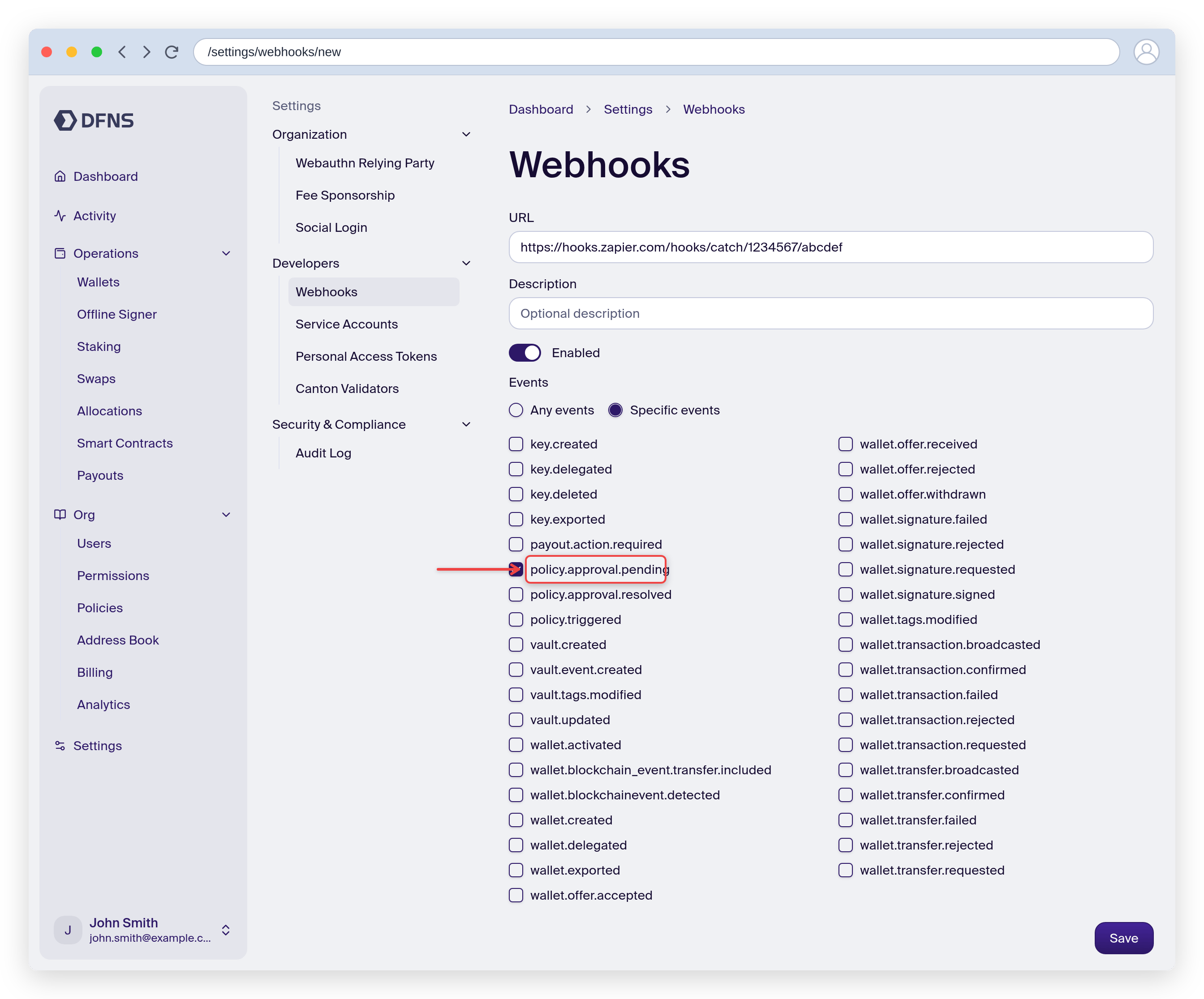 DFNS webhook creation form with Specific Events and policy.approval.pending selected